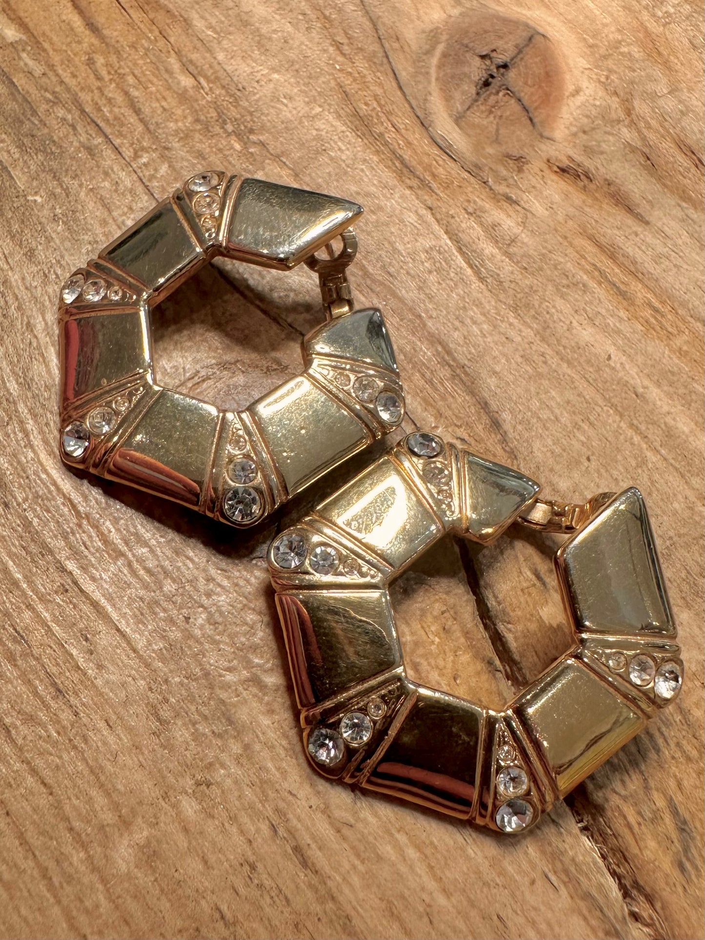 Abstract Hexagon White Stone Gold Costume Earrings
