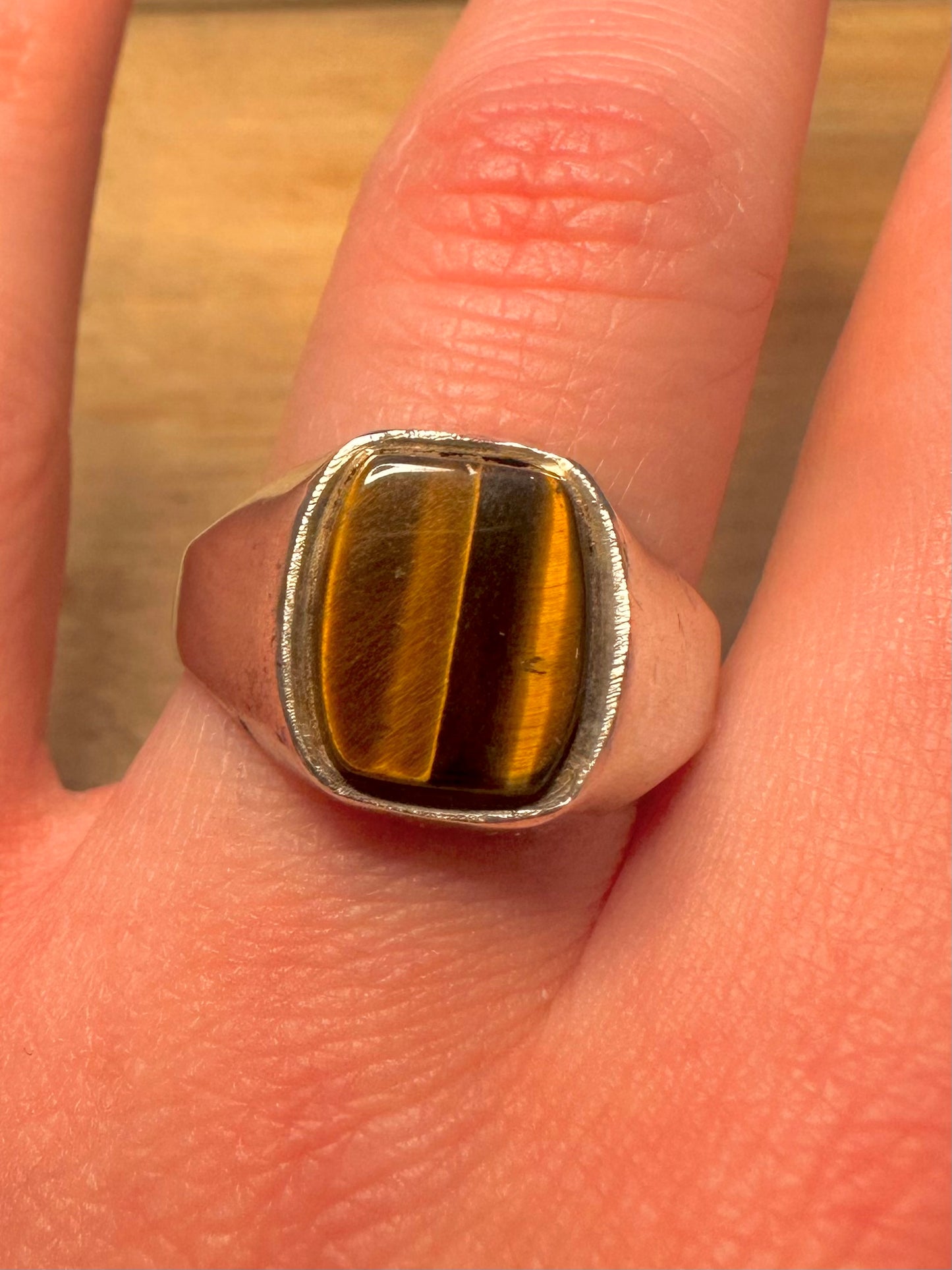 Vintage Tigers Eye Signet 925 Silver Size V Ring