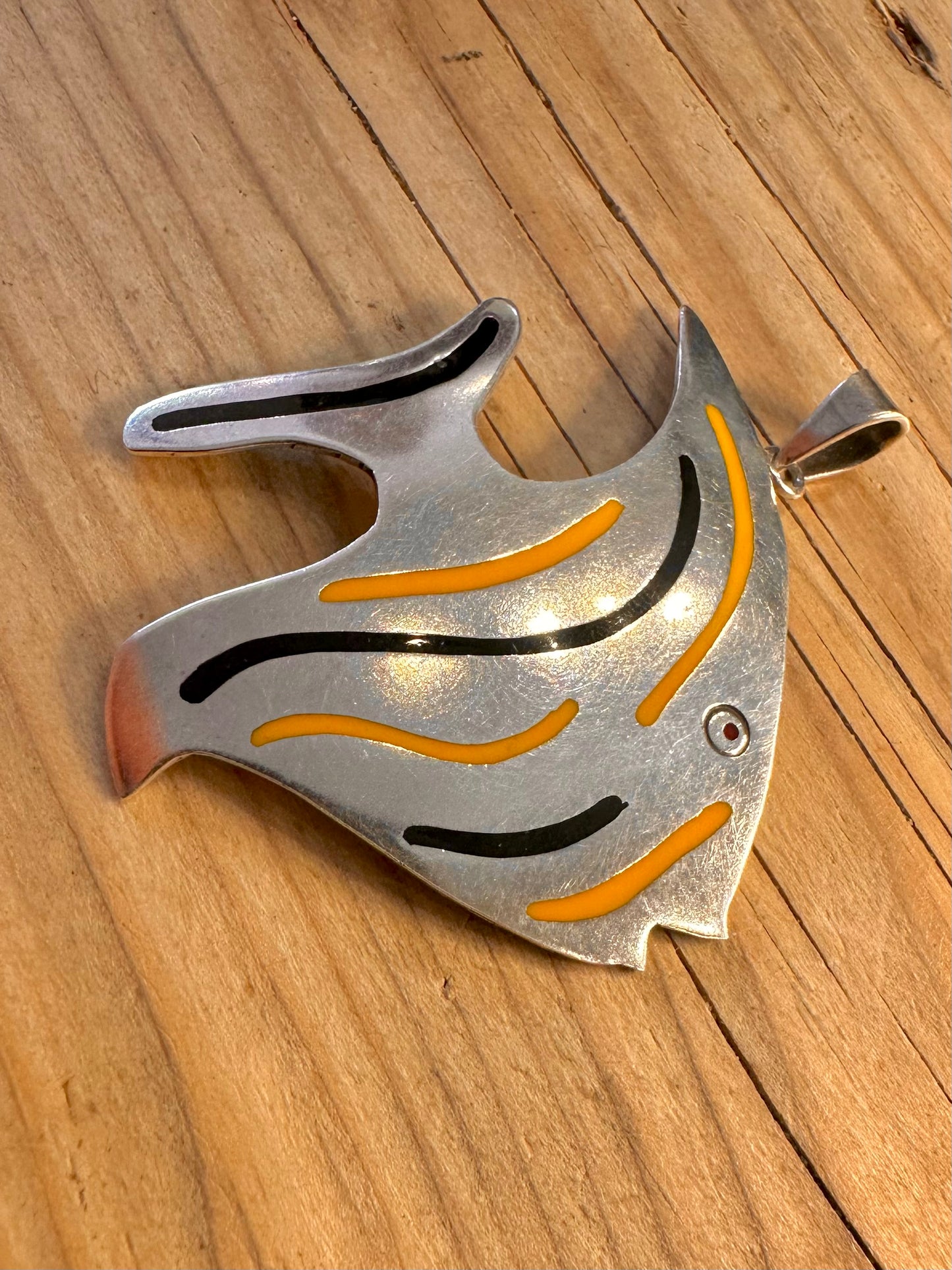 Modernist Angel Enamel Fish 925 Sterling Silver Pendant