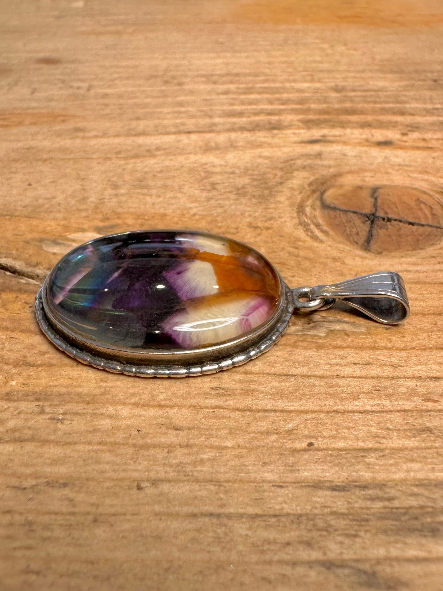 Vintage Fluorite Oval 925 Silver Pendant