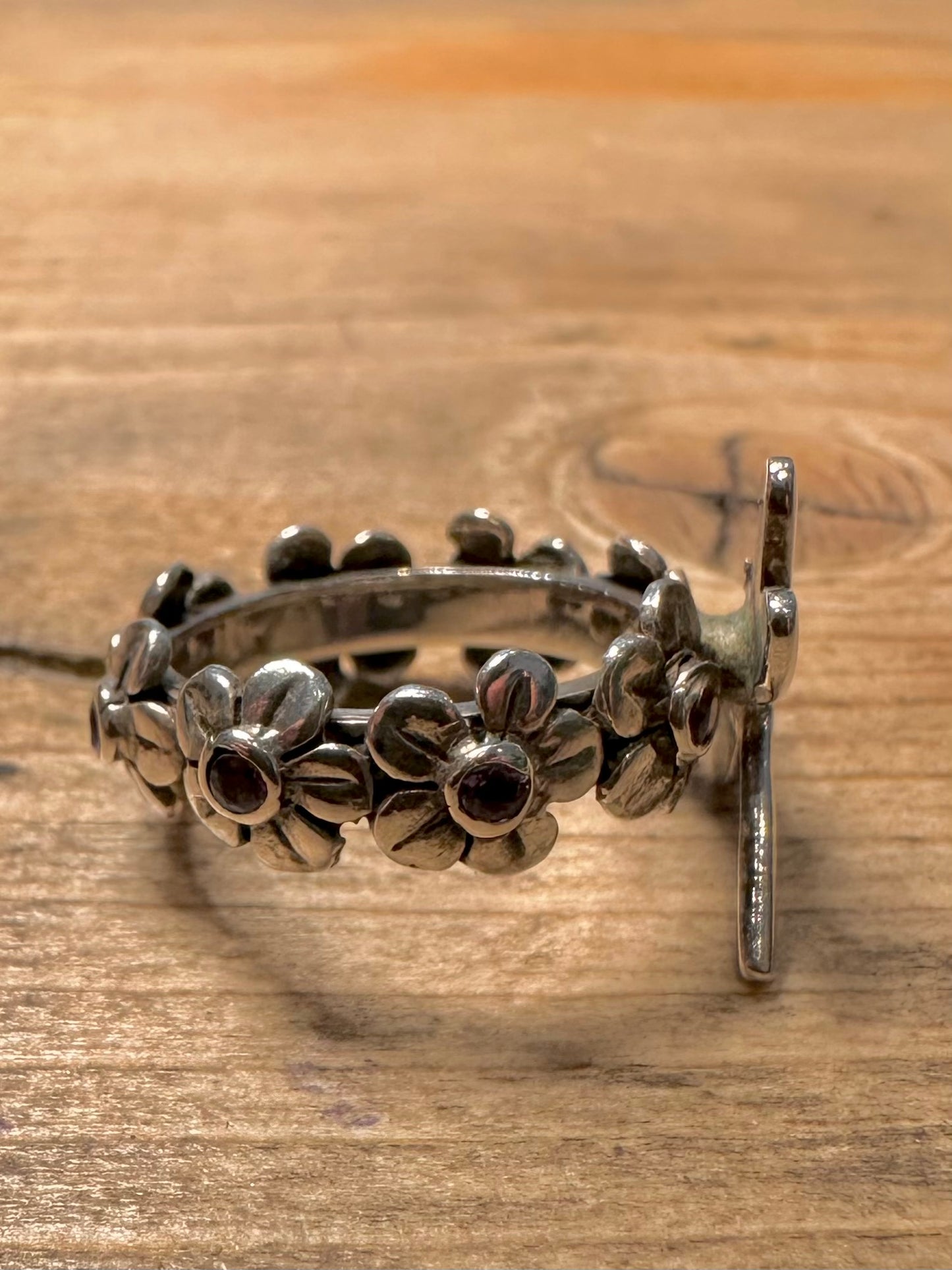 Vintage Dragon Fly Purple Flower Band 925 Silver Size M Ring