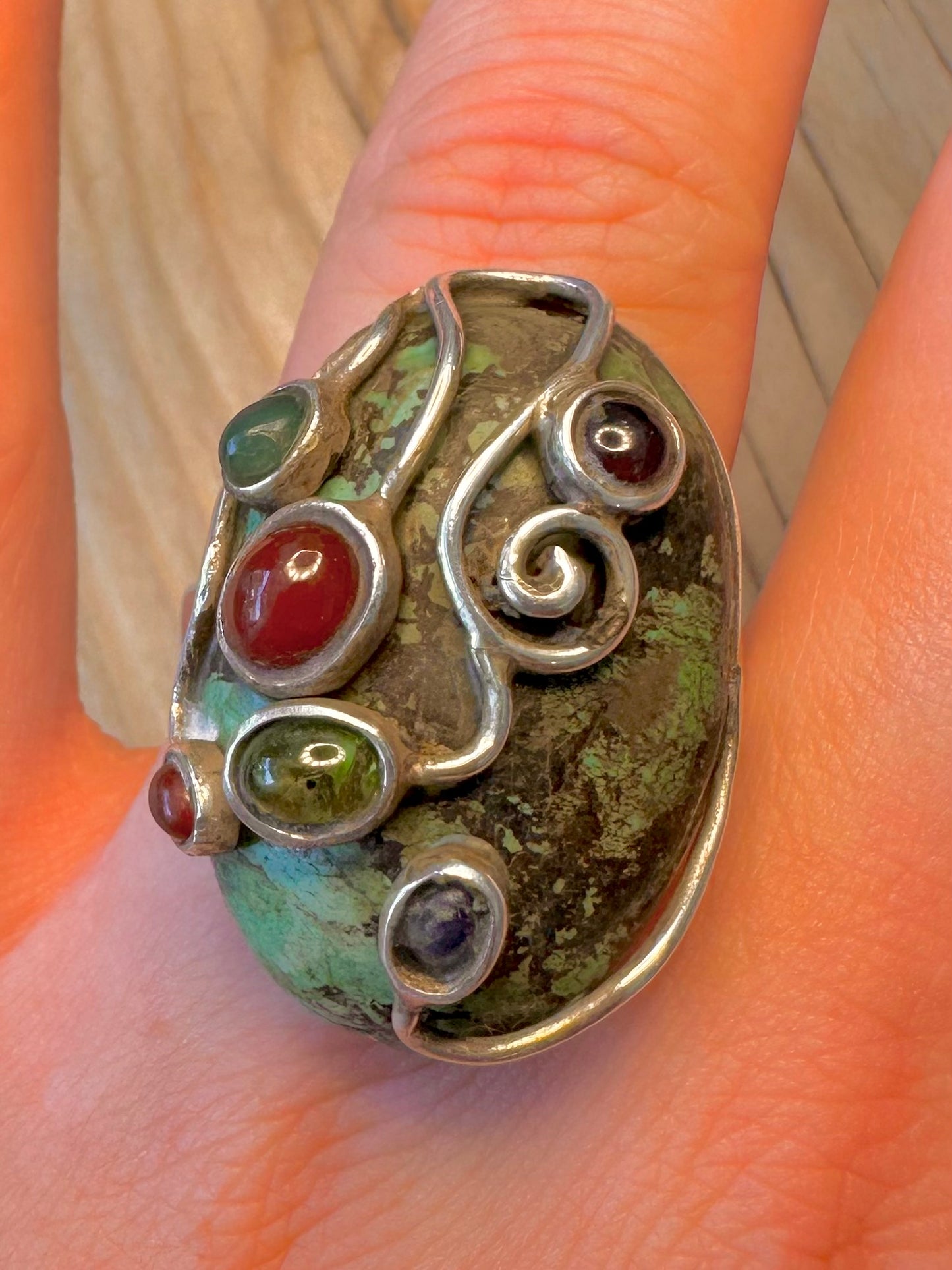Vintage Raw Turquoise and Multi Gemstone 925 Silver Size P1/2 Ring