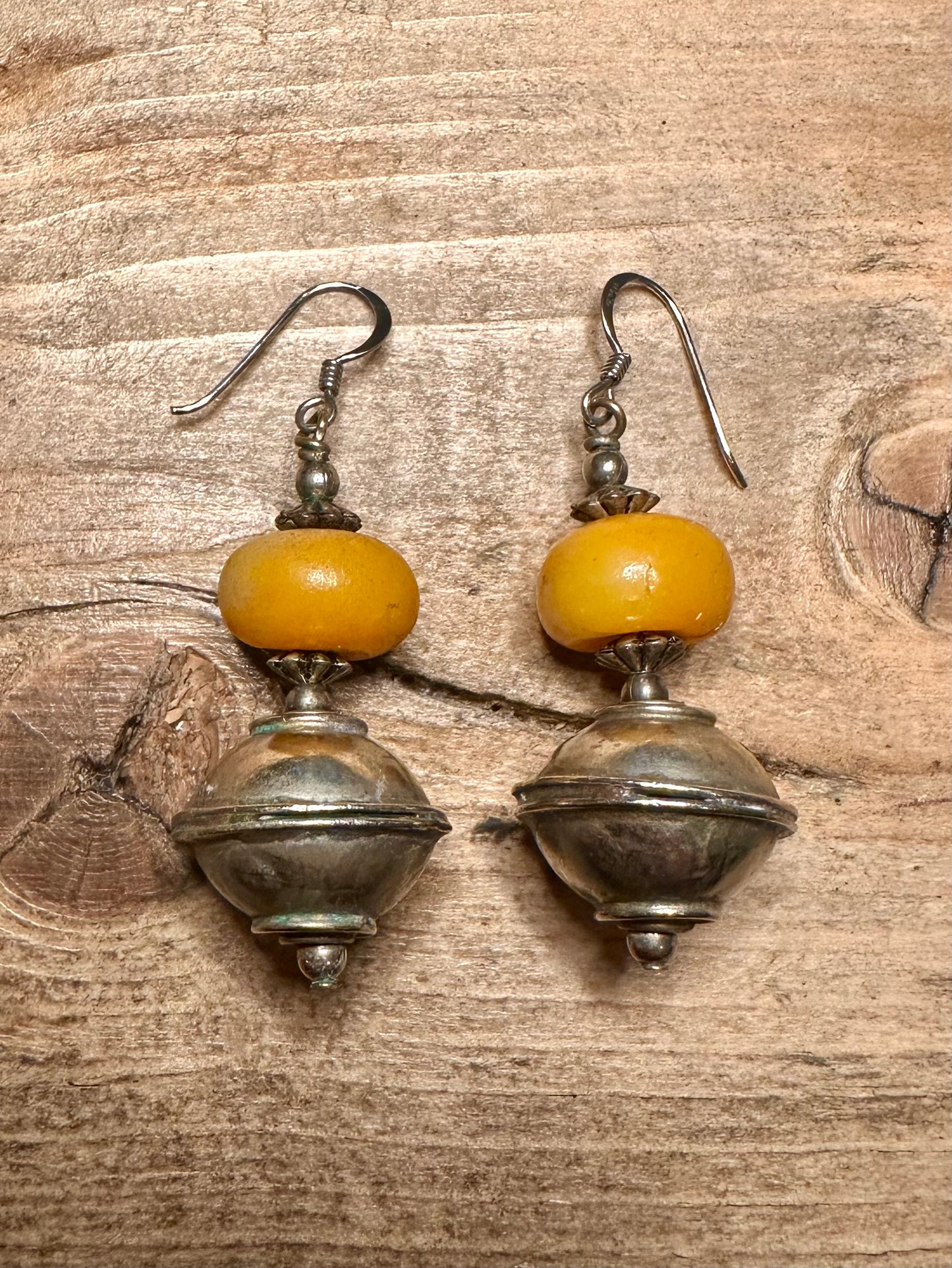 Vintage Tribal Yellow Ball 925 Silver Hook Earrings
