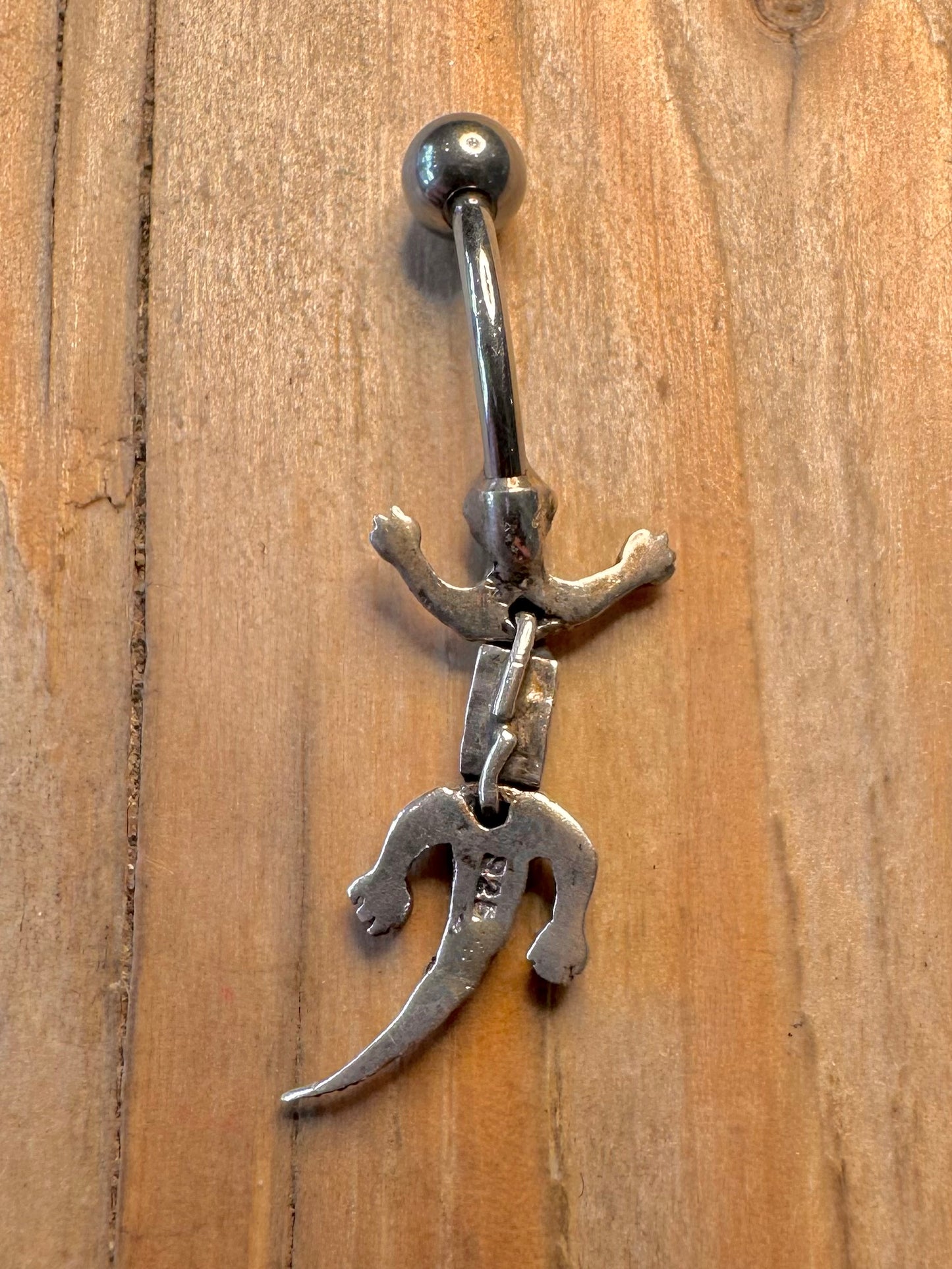 Vintage Moving Lizard White Stones 925 Sterling Silver Belly Bar Body Jewellery