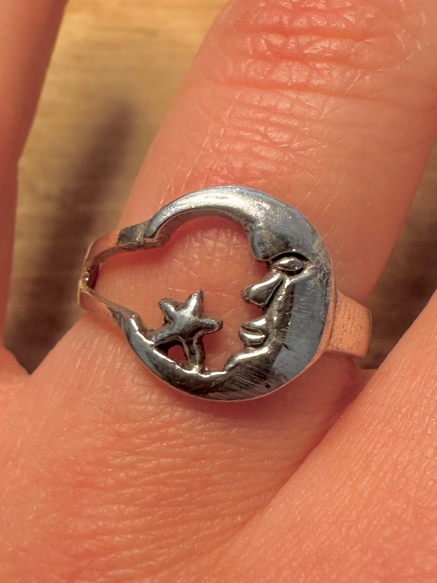Vintage Moon and Star 925 Silver Size R Ring
