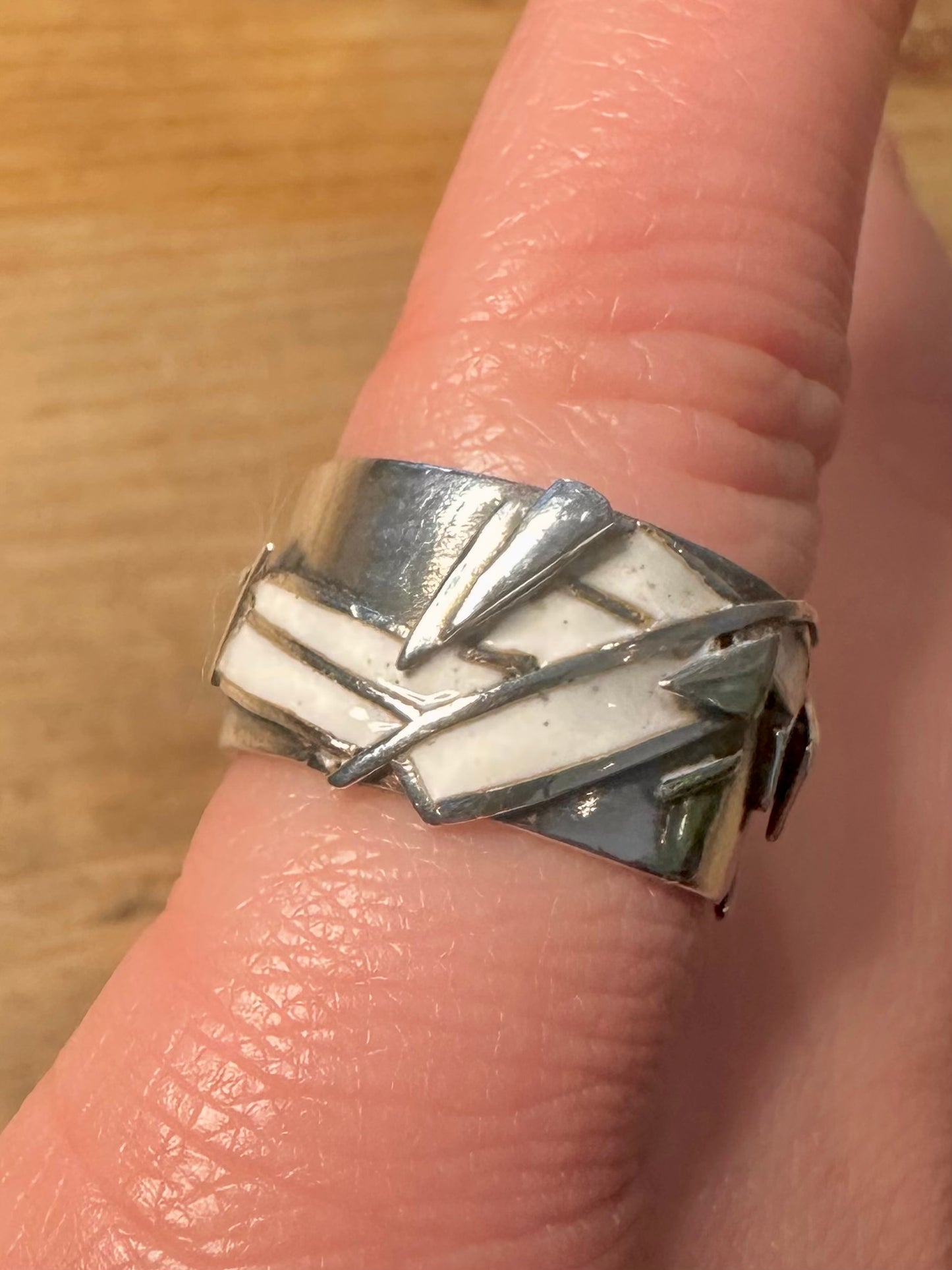 Vintage Abstract 1985 White Enamel 925 Silver Size N Ring