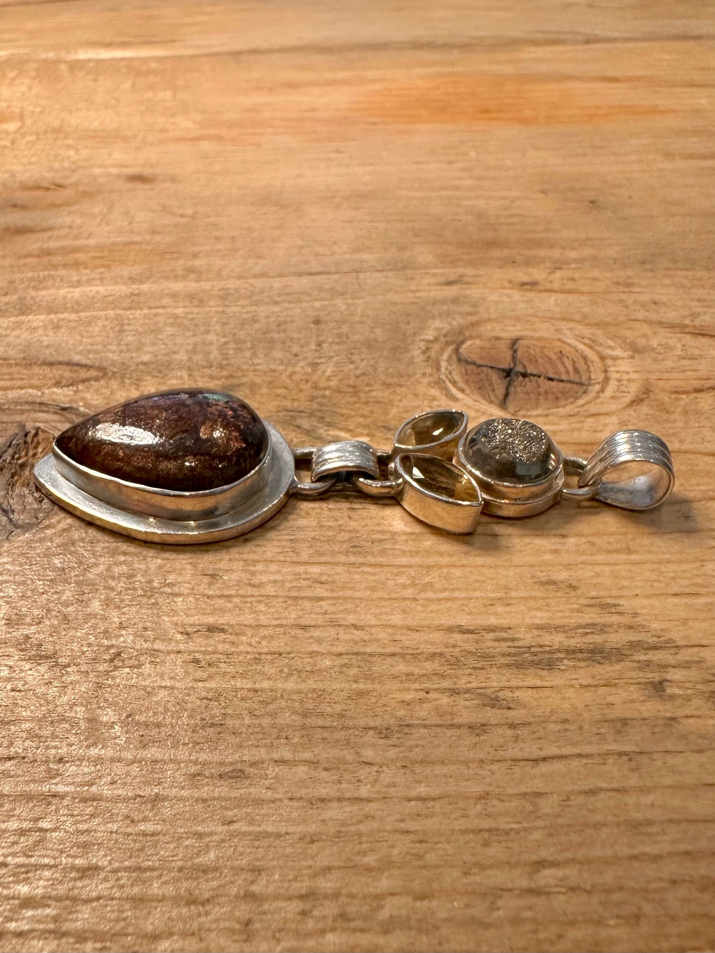 Vintage Brown Agate Druzy Citrine 925 Silver Pendant