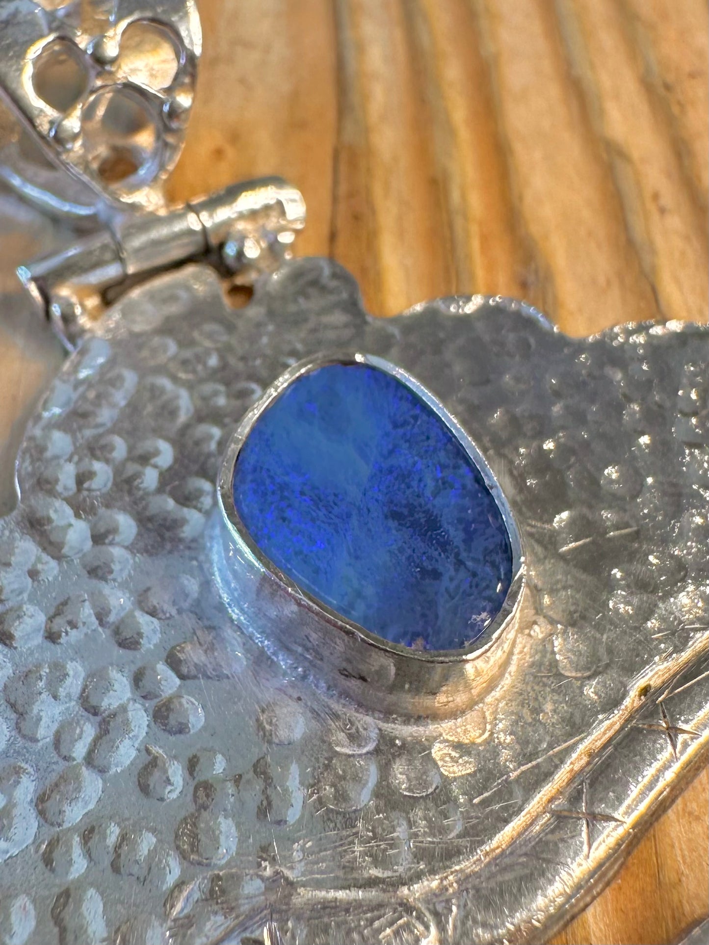 Blue Opal Hammered Red Stones 925 Sterling Silver Pendant