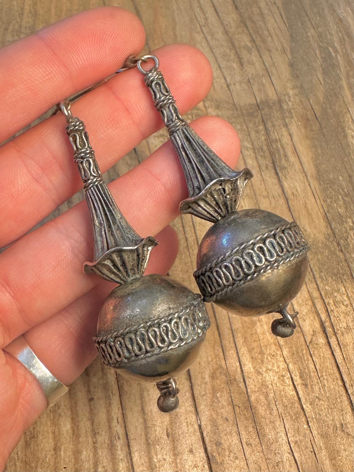 Large Nepalese Tribal Dangle Silver Plated on Brass Earrings