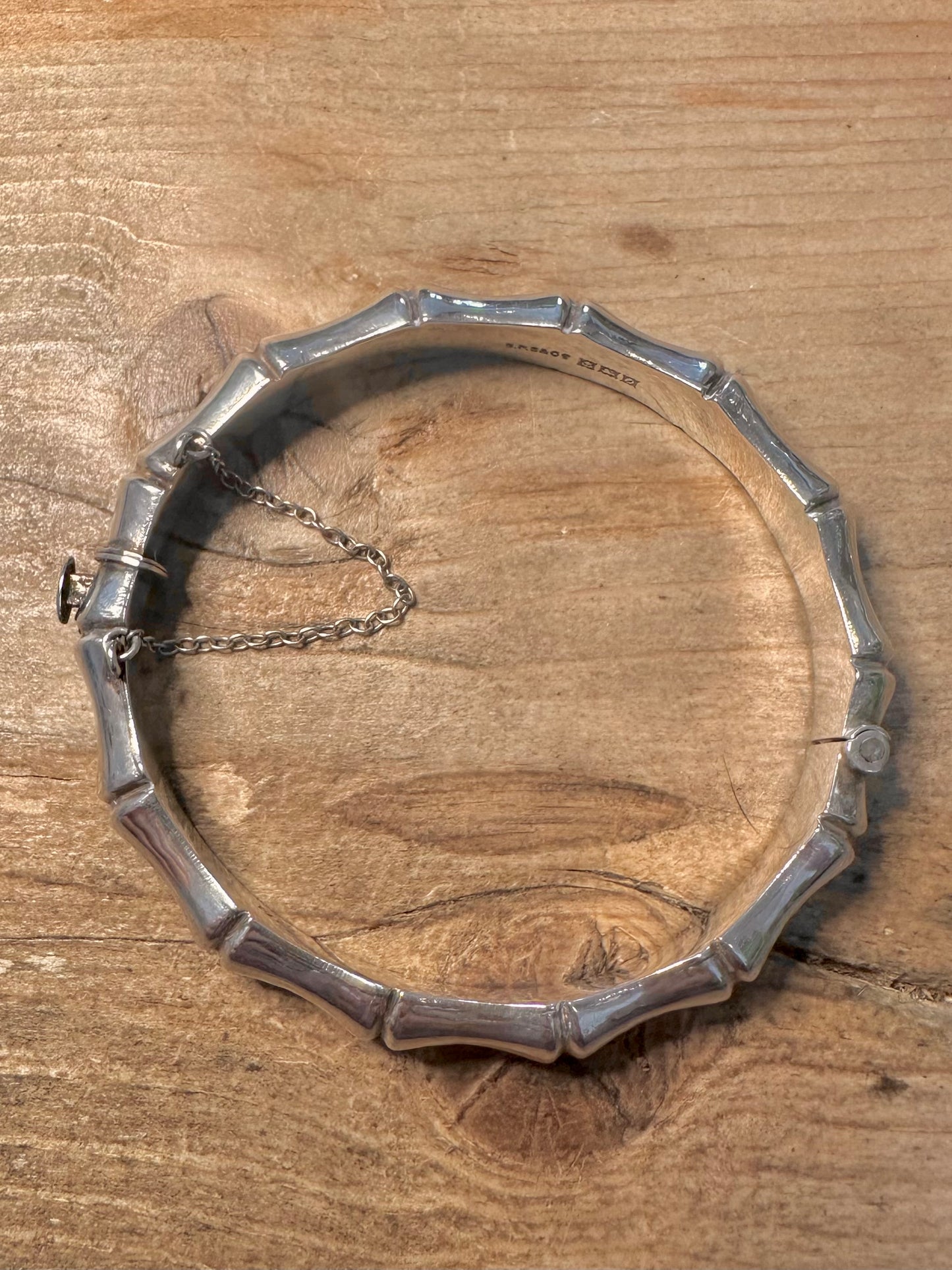 Vintage 1963 Bamboo Style with Safety Chain 925 Silver Bangle