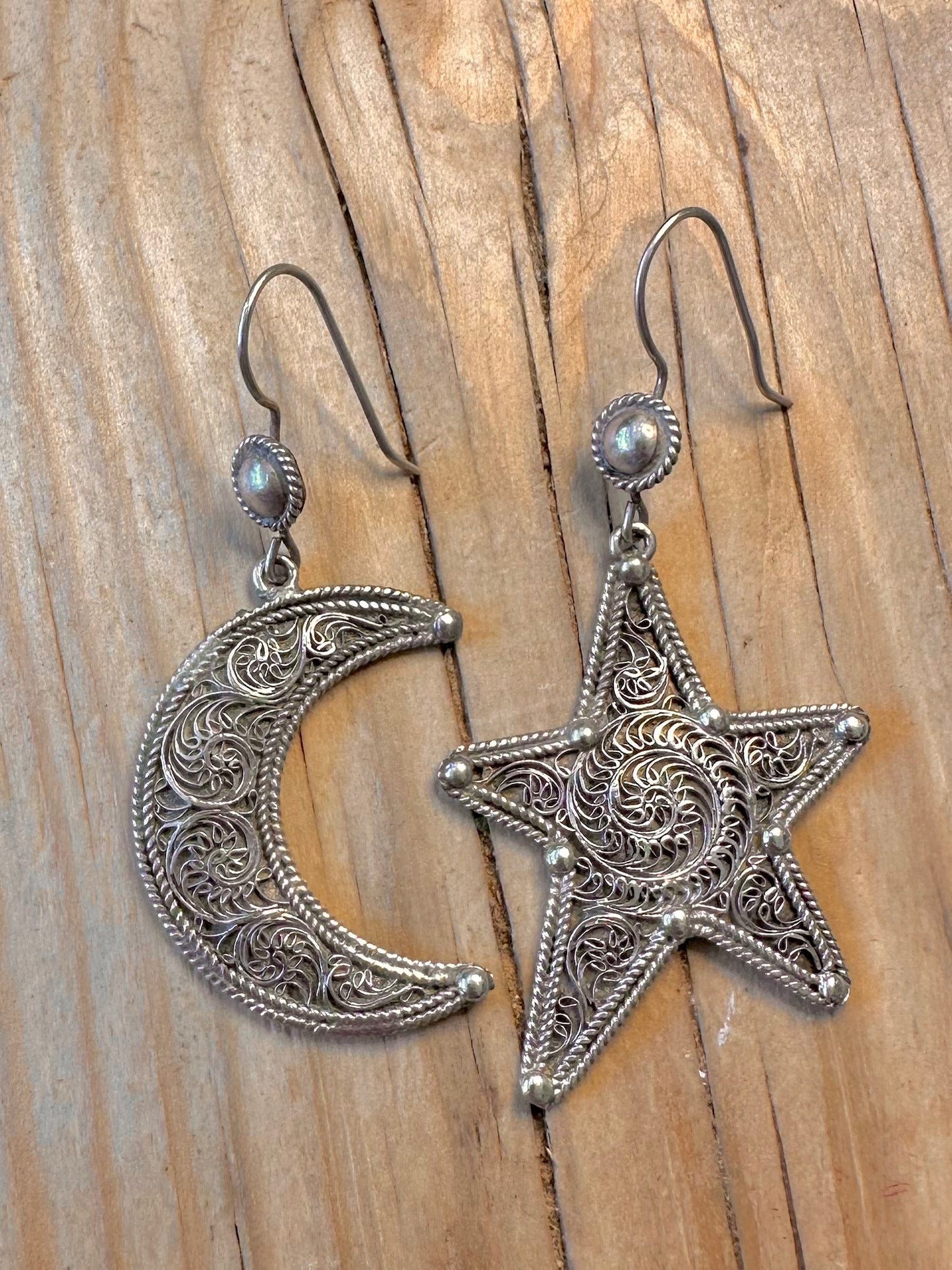 Vintage Star and Moon Filigree 925 Silver Earrings