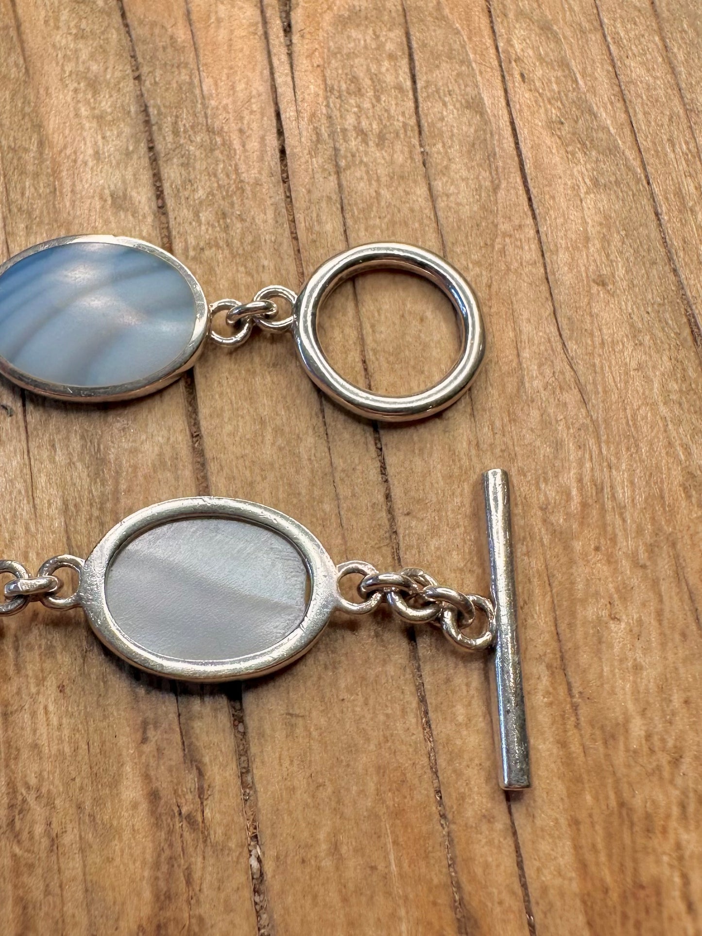 Modernist blau Perlmutt Oval T-Bar 925 Sterling Silber 7,5 Zoll Armband