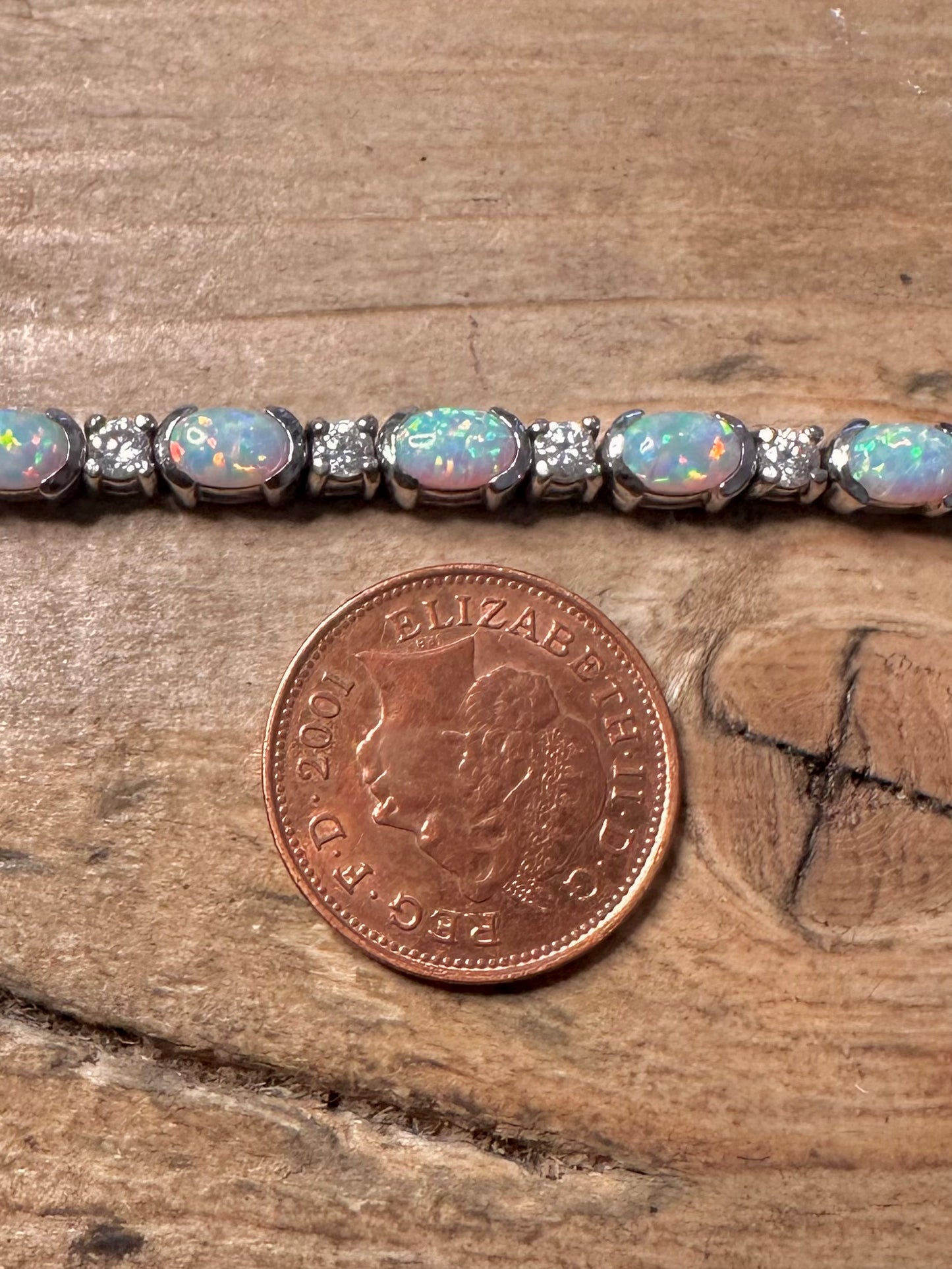 Vintage Opal and White Stone 925 Silver 7.2 inch Bracelet