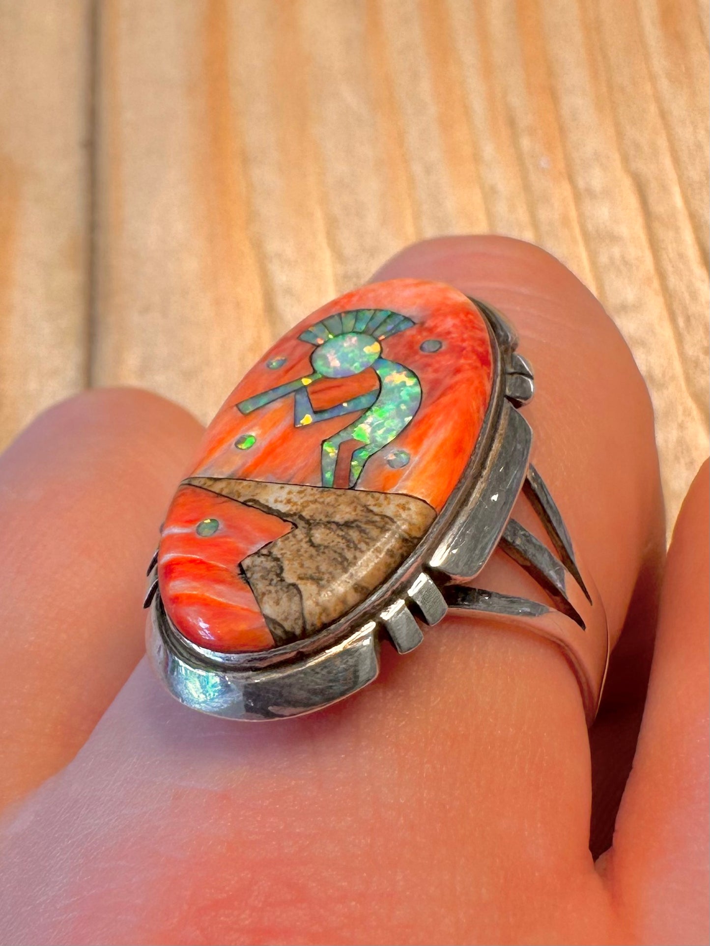Vintage Navajo Kokopelli Mosaic Stones 925 Sterling Silver Size V1/2 Ring