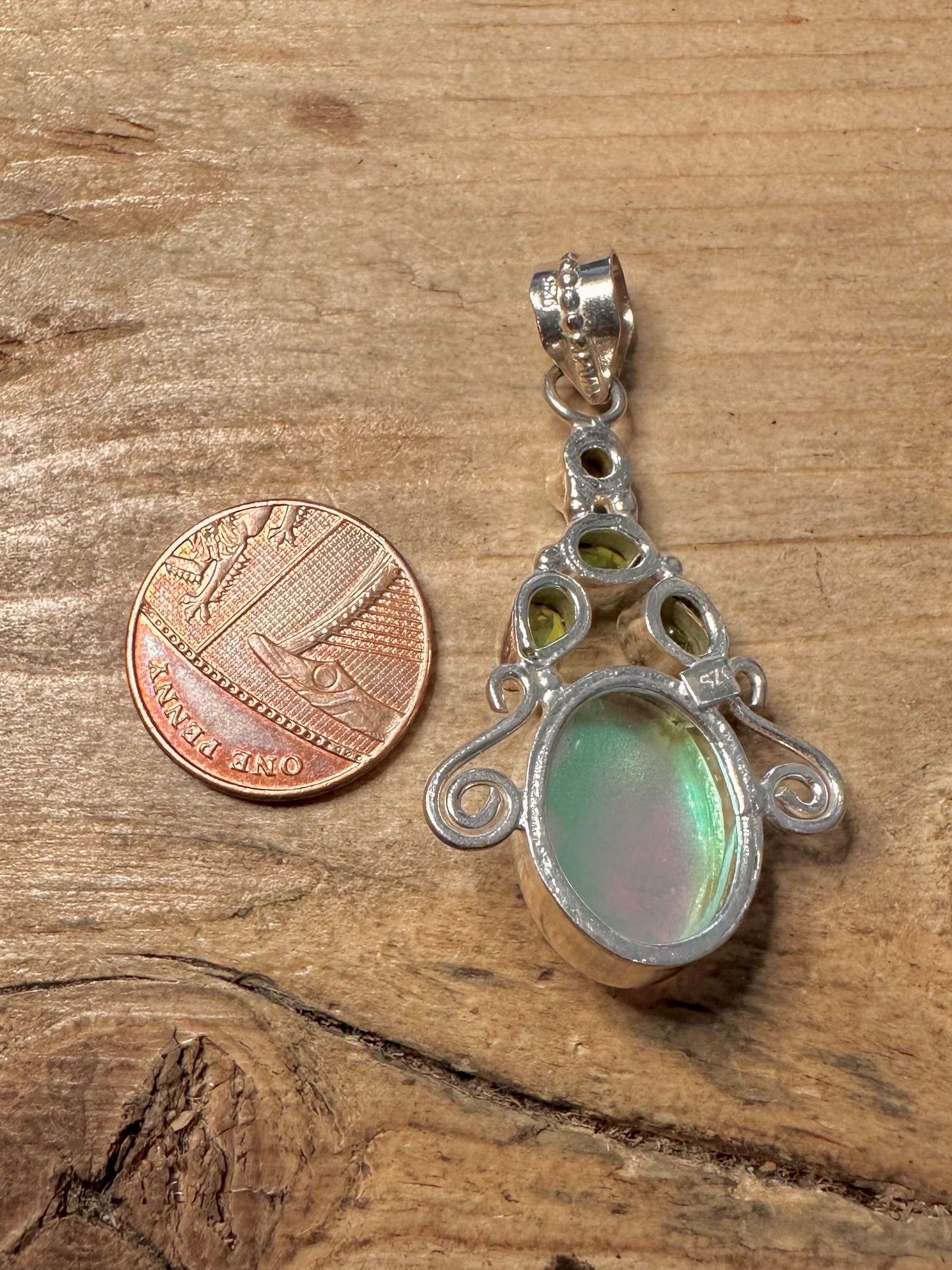 Vintage Ornate Peridot and Multi Colour Stone 925 Silver Pendant