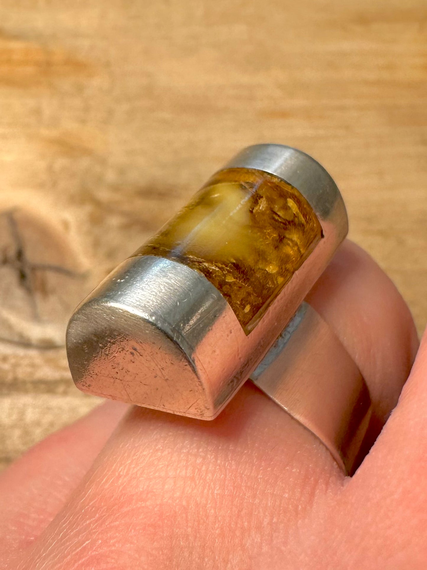 Modernist Amber Bar 925 Silver Size O1/2 Adjustable Ring
