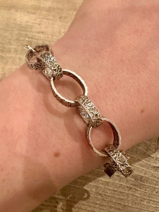 Vintage Bark Effect Oval Link Box Chain 925 Silver 7.5 inch Bracelet