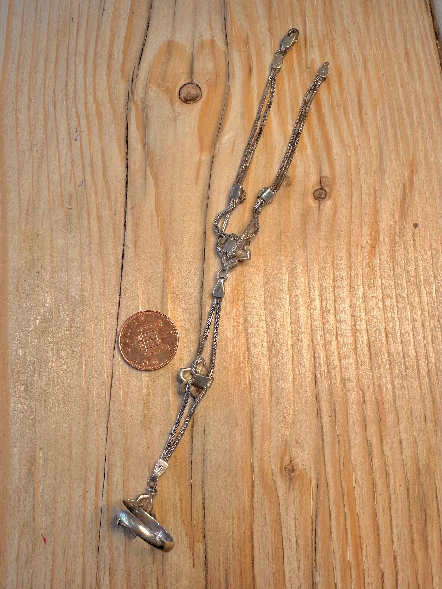 Vintage Flower Chain Blue Stone 925 Sterling Silver Size P 7 inch Ring Bracelet
