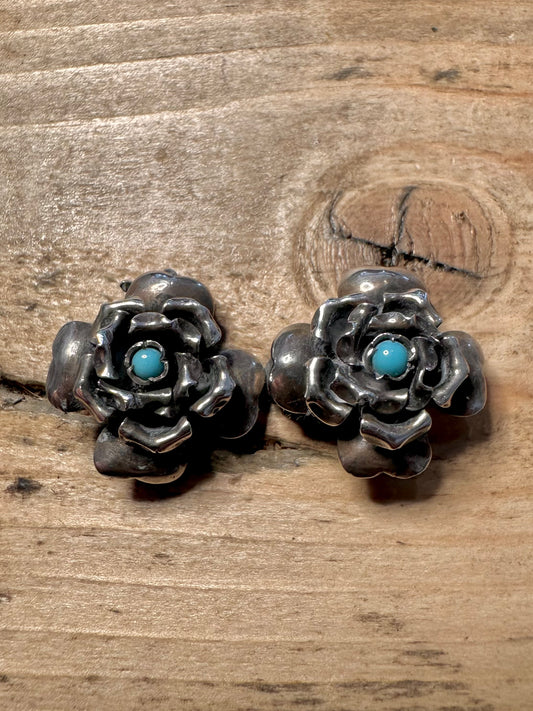 Vintage Turquoise Flower Clip On 925 Silver Earrings