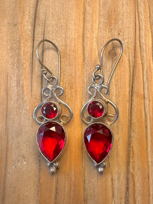 Vintage Red Stone Ornate Dangle 925 Sterling Silver Earrings