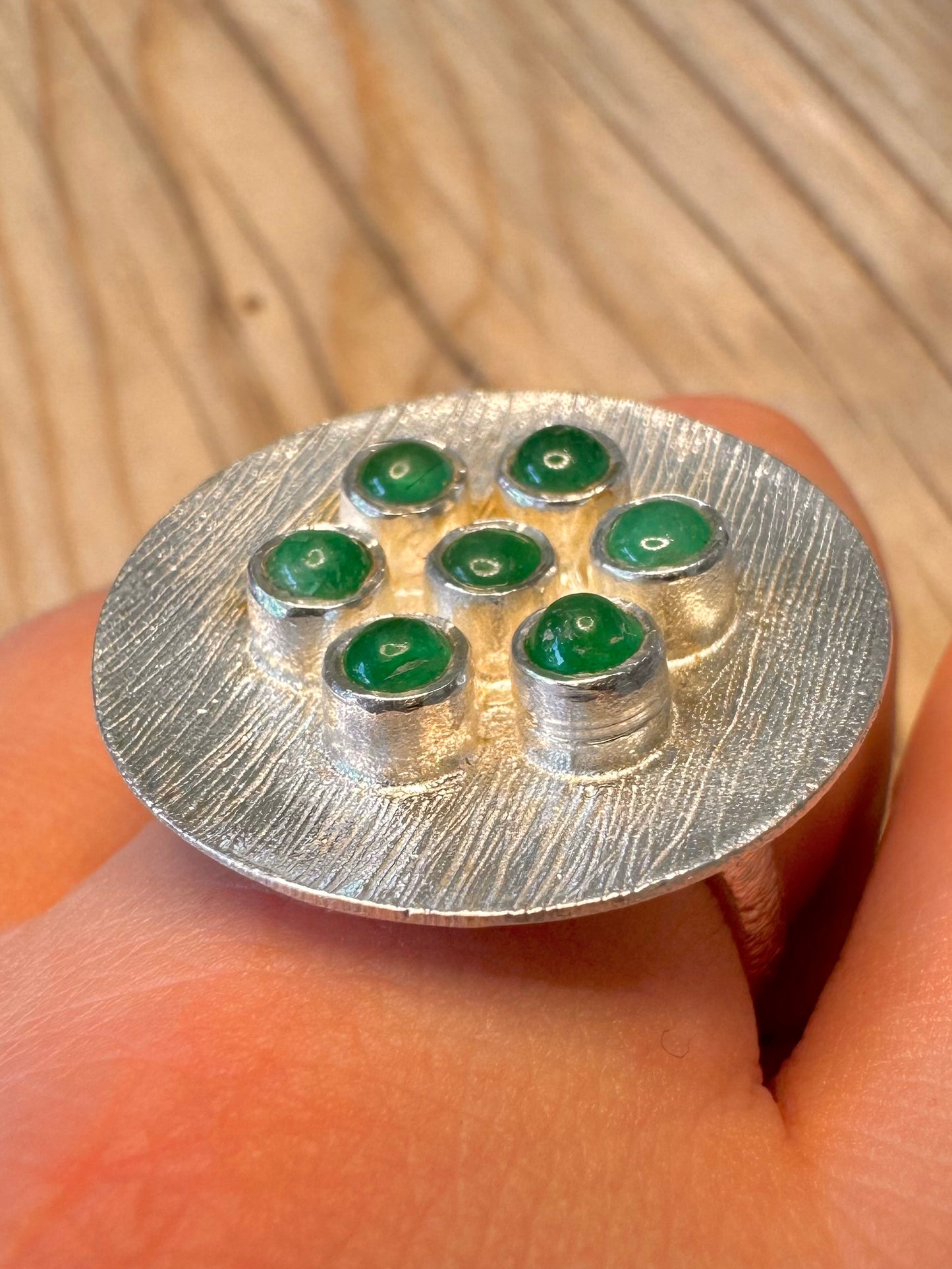 Abstract Textured Green Stones 925 Silver Size T1/2 Ring