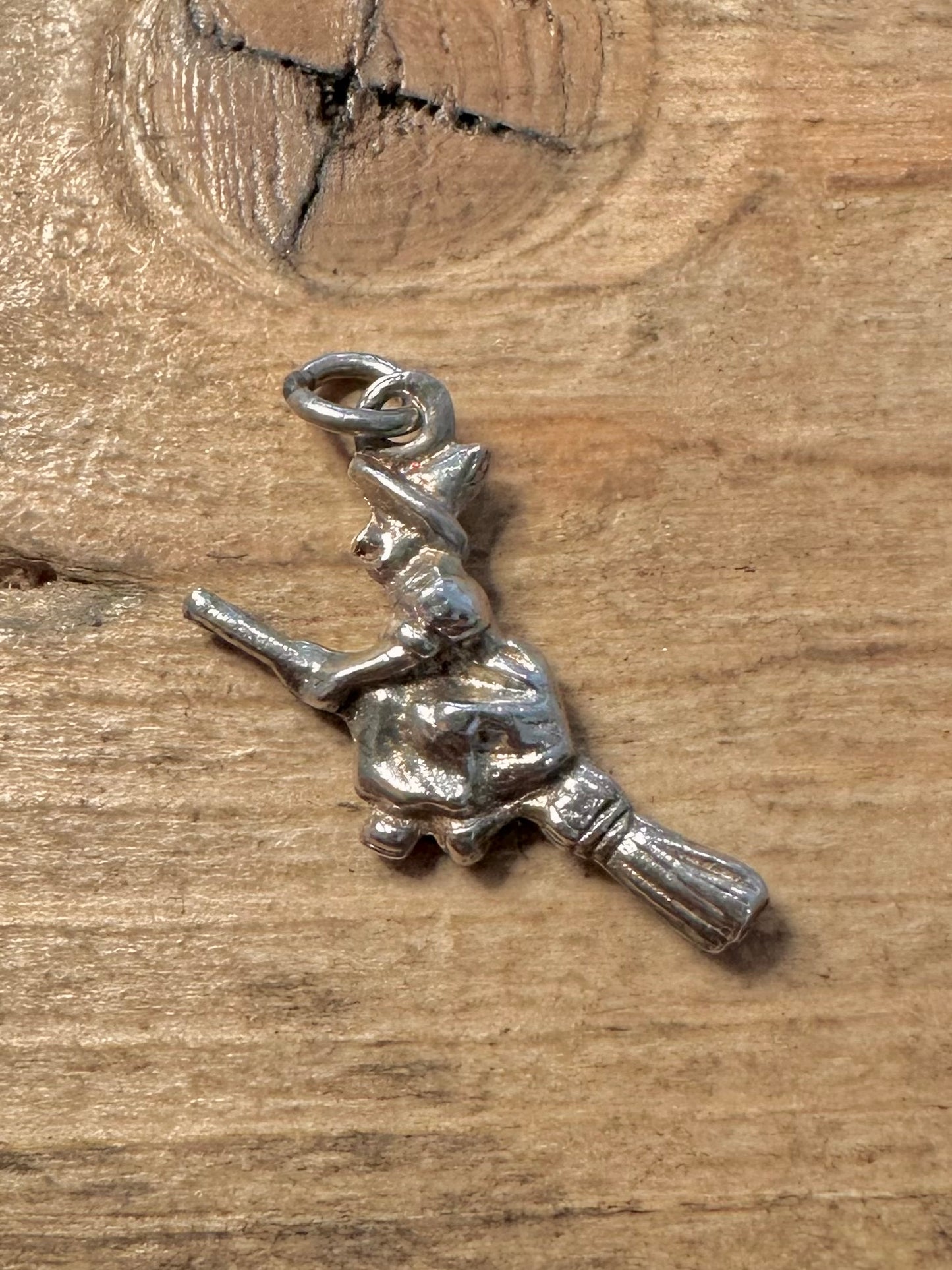 Vintage Witch Riding a Broom 925 Silver Charm Pendant