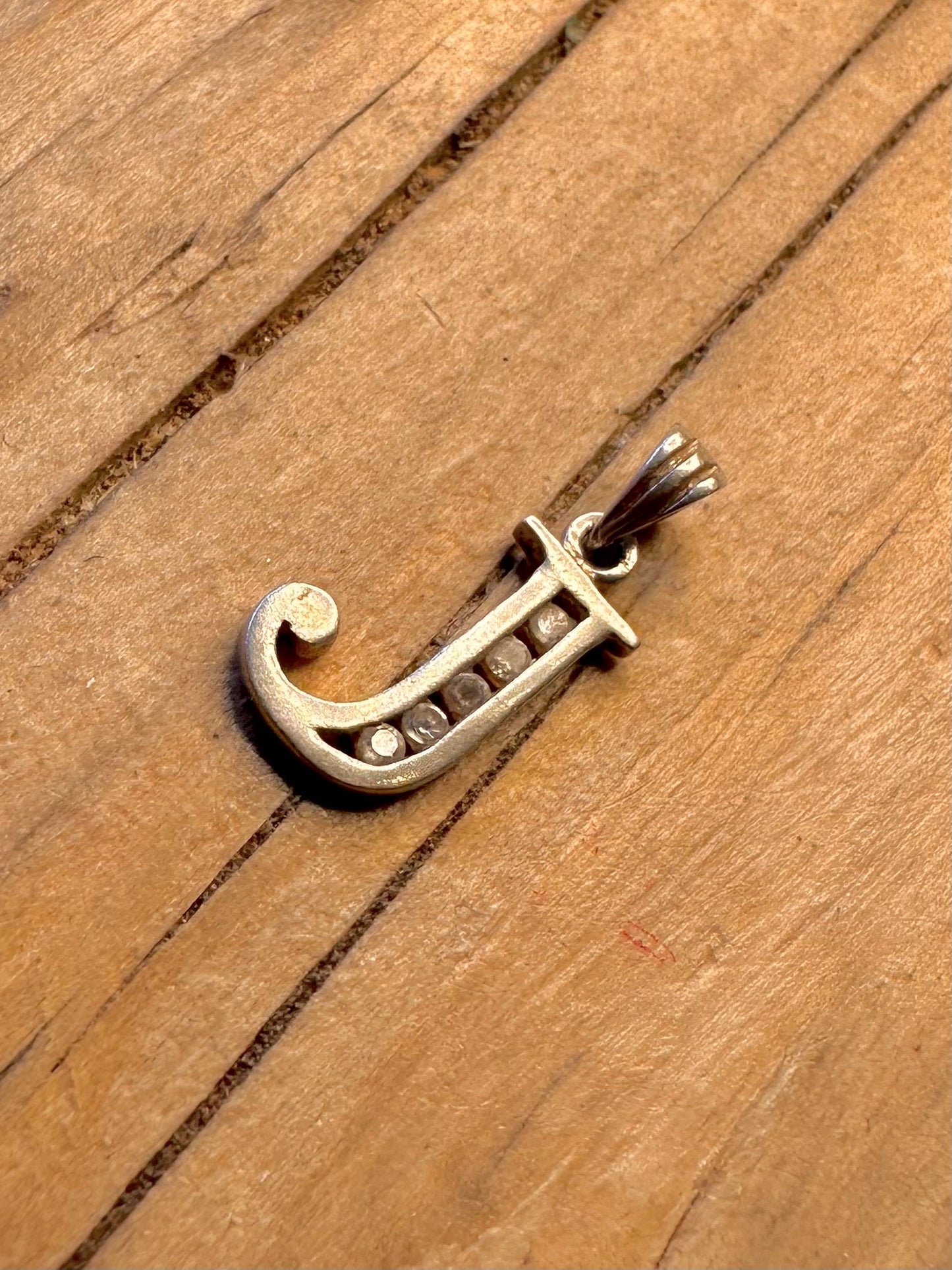 Vintage J Letter CZ Stone 925 Silver Pendant