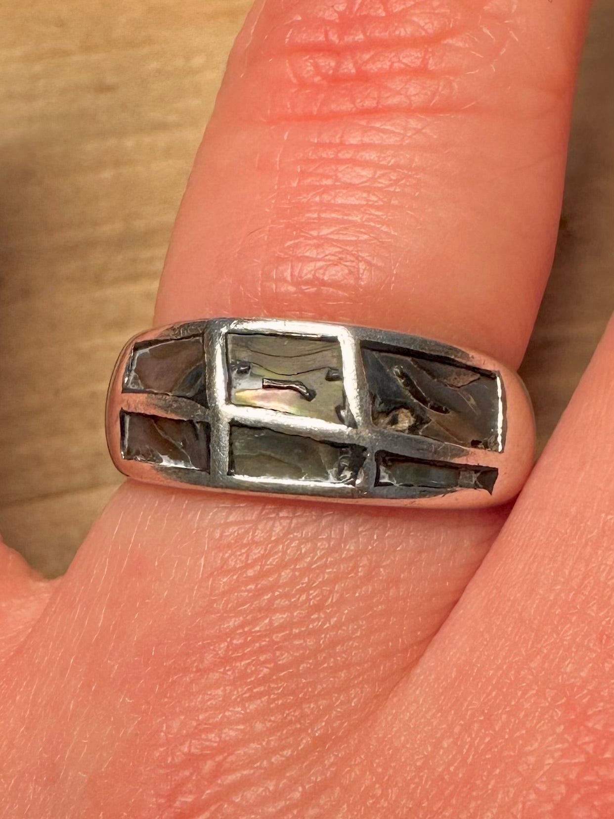 Abstract Abalone Inlay 925 Silver Size P Ring