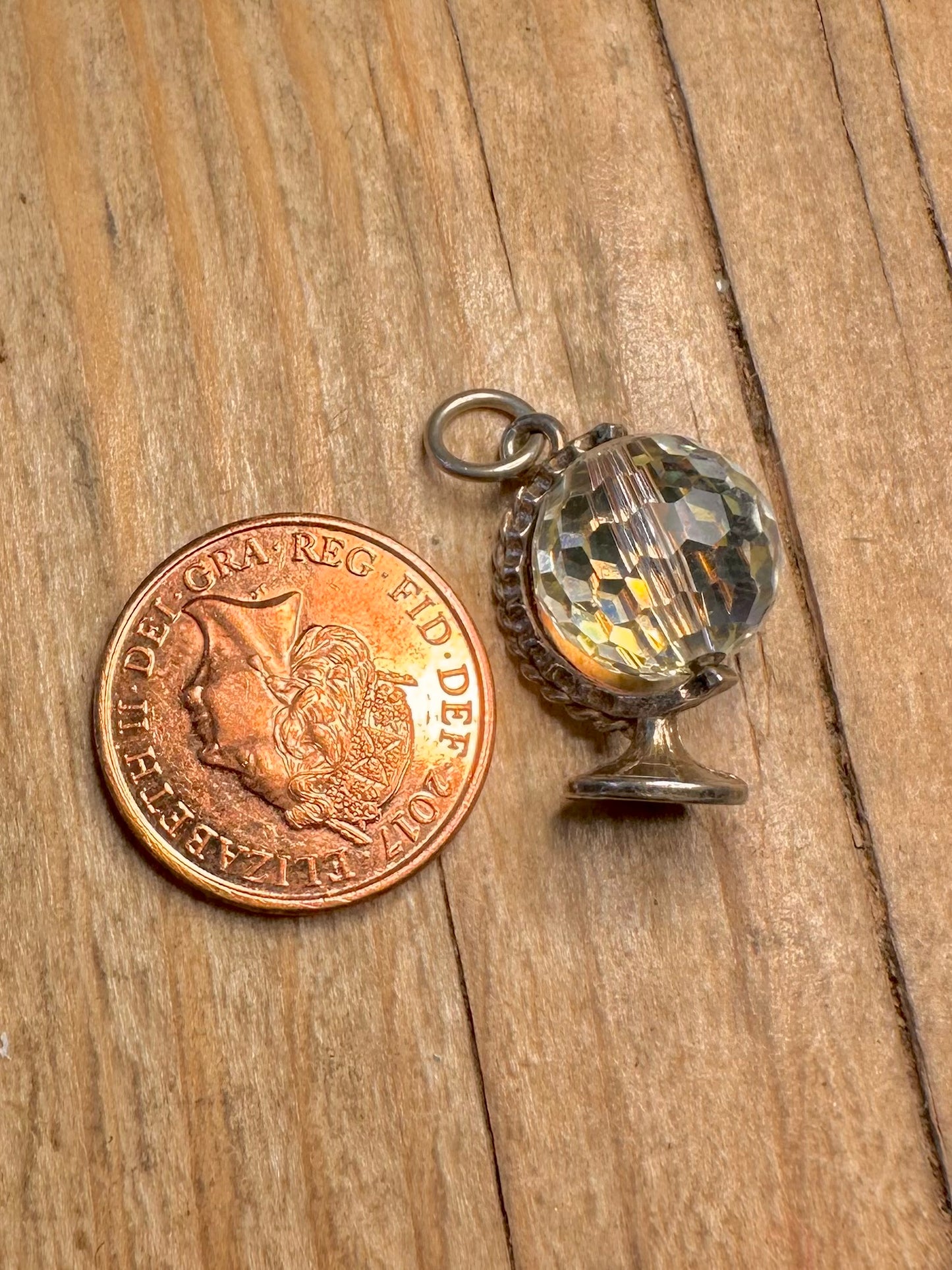 Vintage Crystal Quarts Globe 925 Sterling Silver Charm Pendant