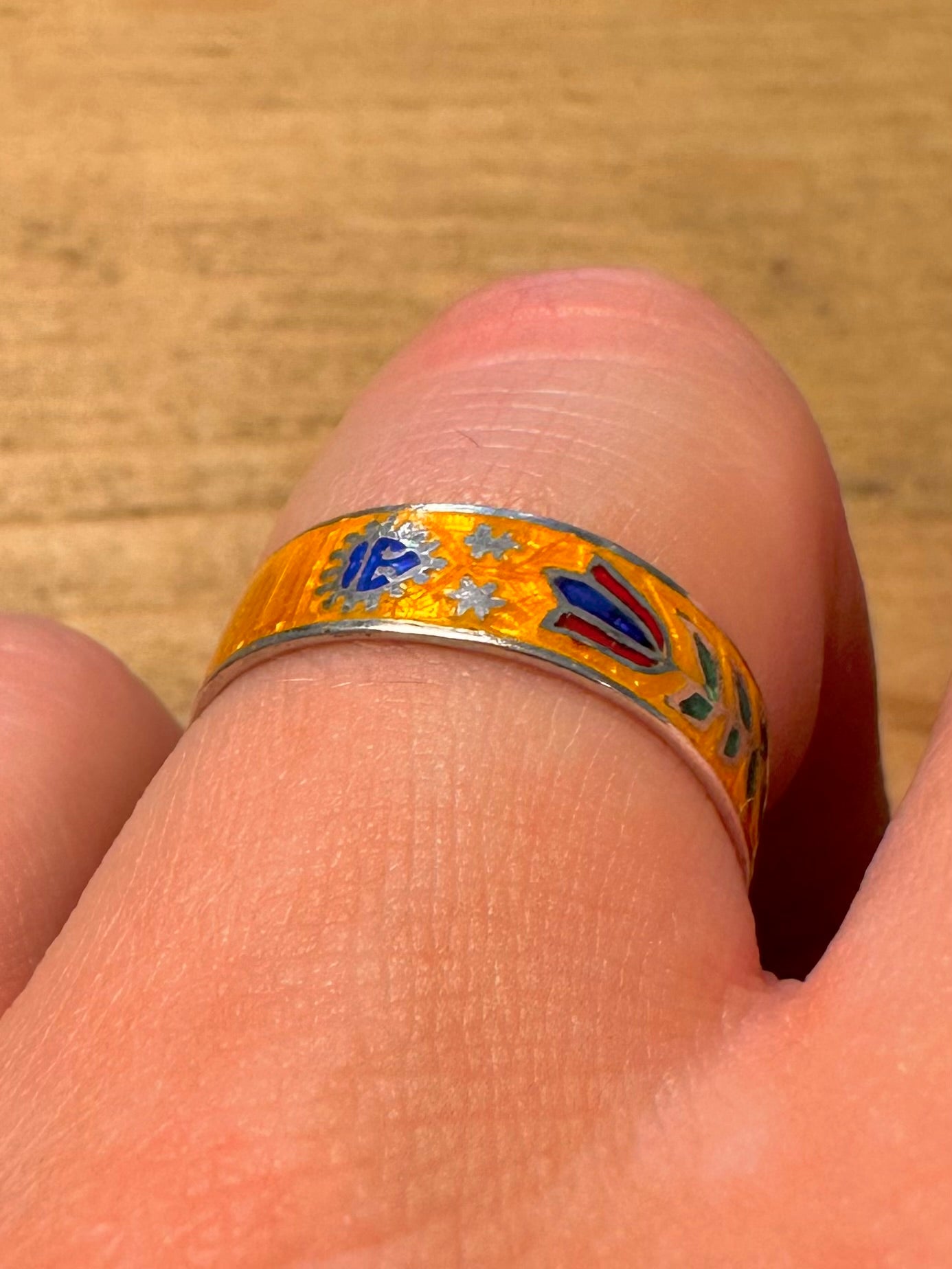 Vintage Enamel Flower Siam 925 Silver Size P1/2 Ring