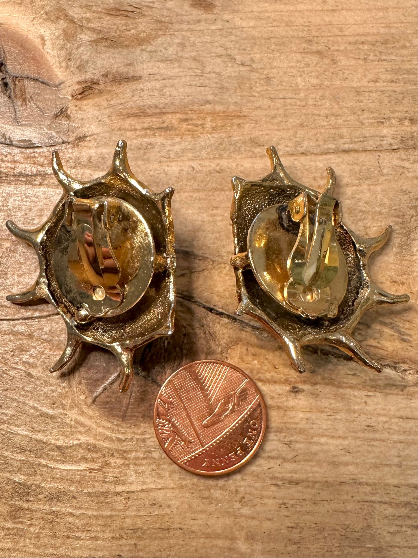 Vintage Large Shell Textured Gold Costume Earrings