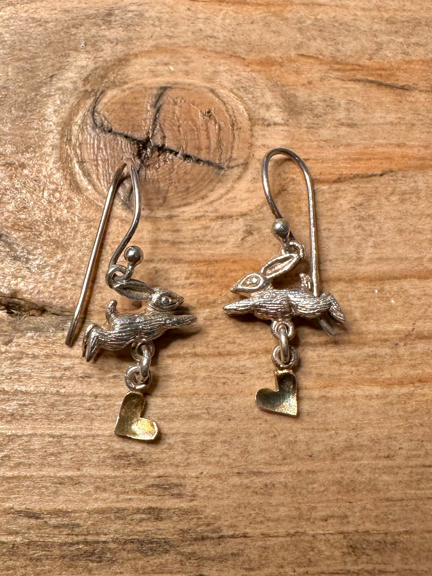 Vintage Rabbit and Gold Hearts 925 Silver Earrings