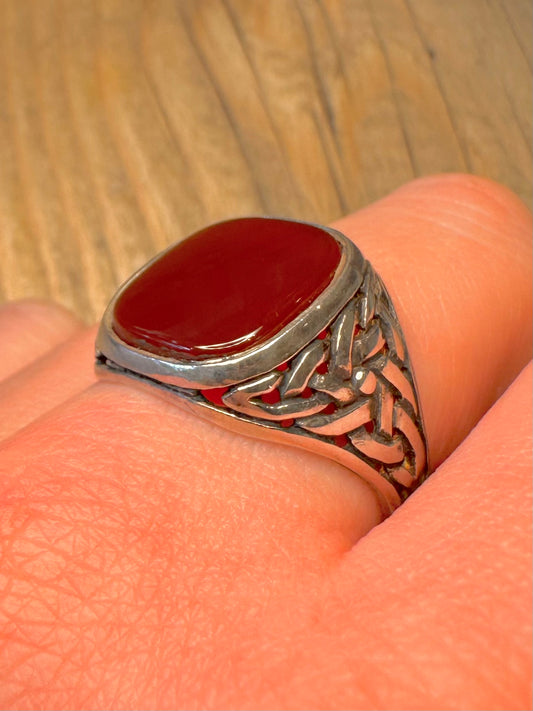 Vintage Carnelian Celtic Signet 925 Sterling Silver Size Z Ring