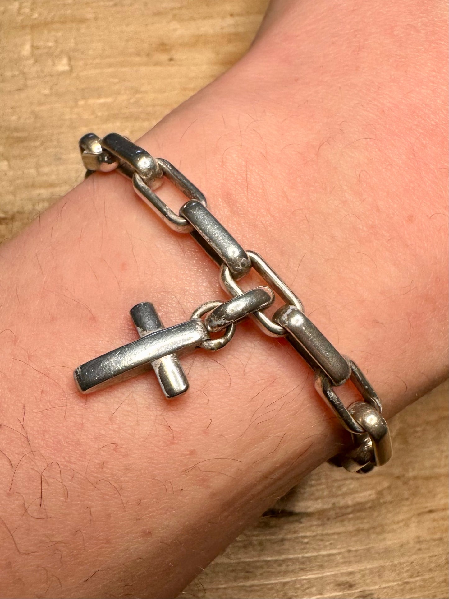 Vintage Chunky Bar Emporia Armani Cross Charm 925 Silver 8 inch Bracelet
