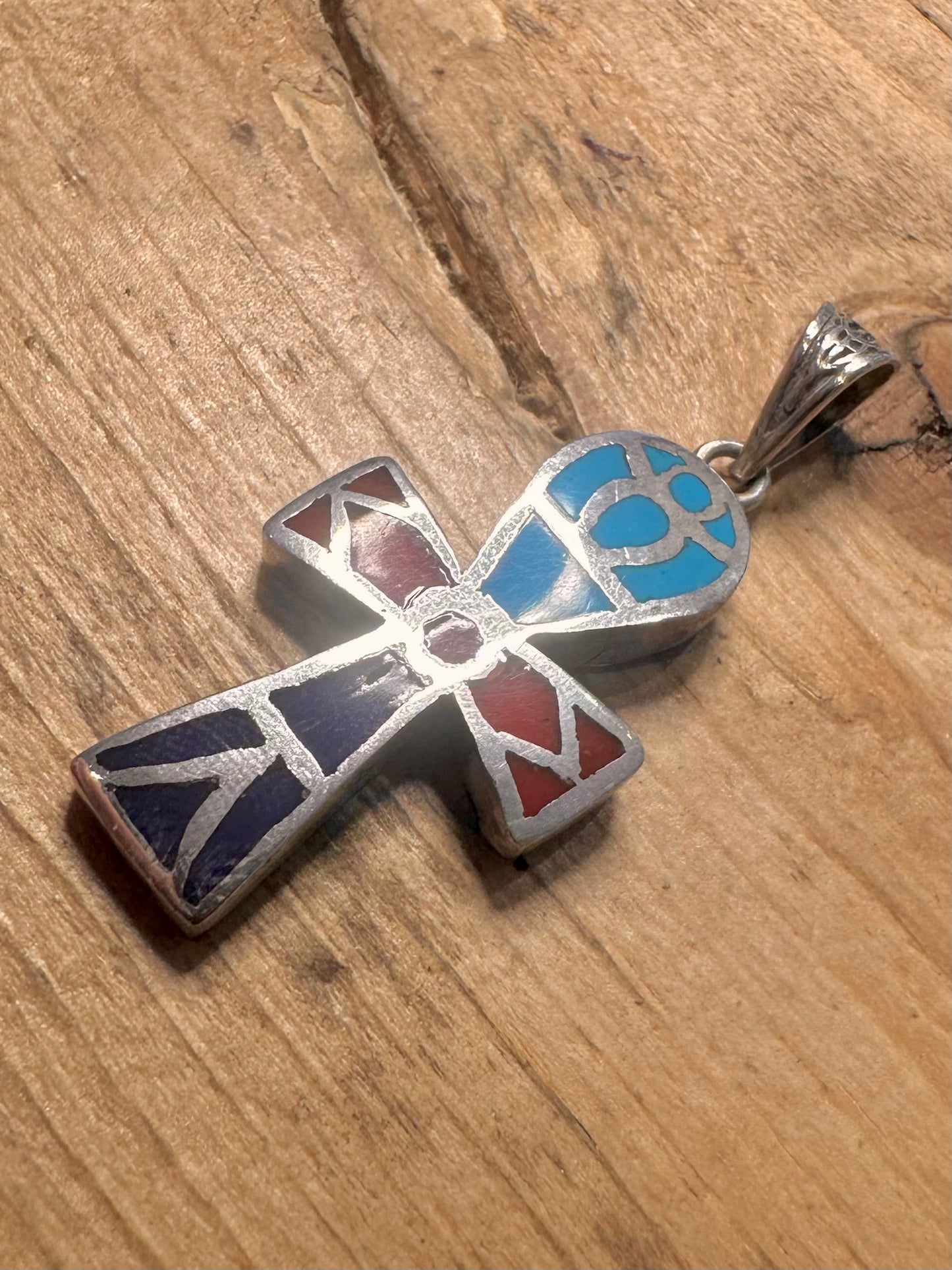 Vintage Egyptian Ankh Inlay 925 Silver Pendant