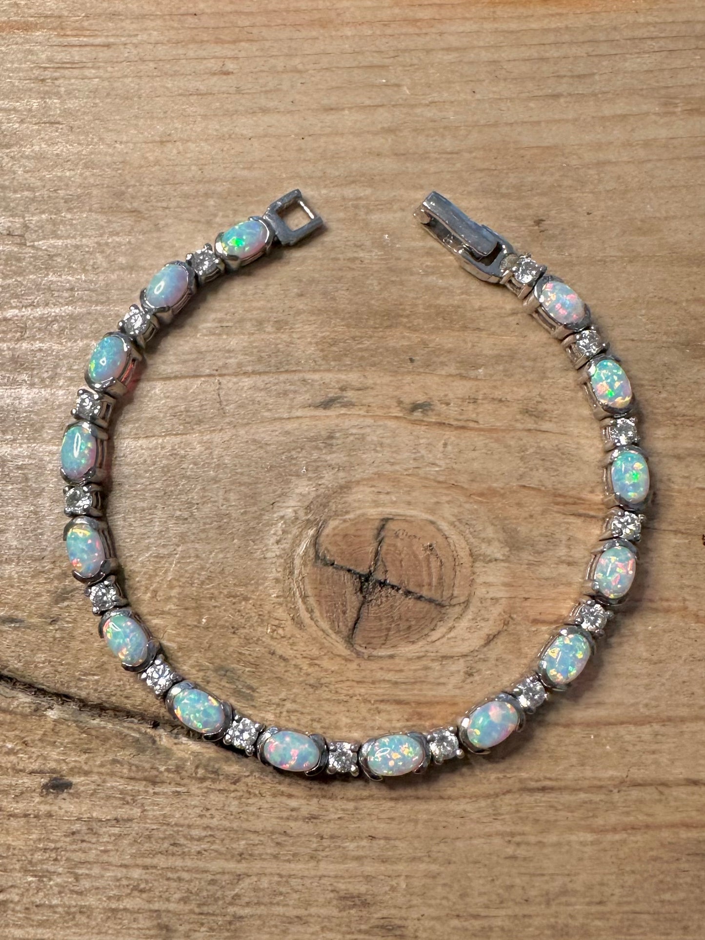 Vintage Opal and White Stone 925 Silver 7.2 inch Bracelet