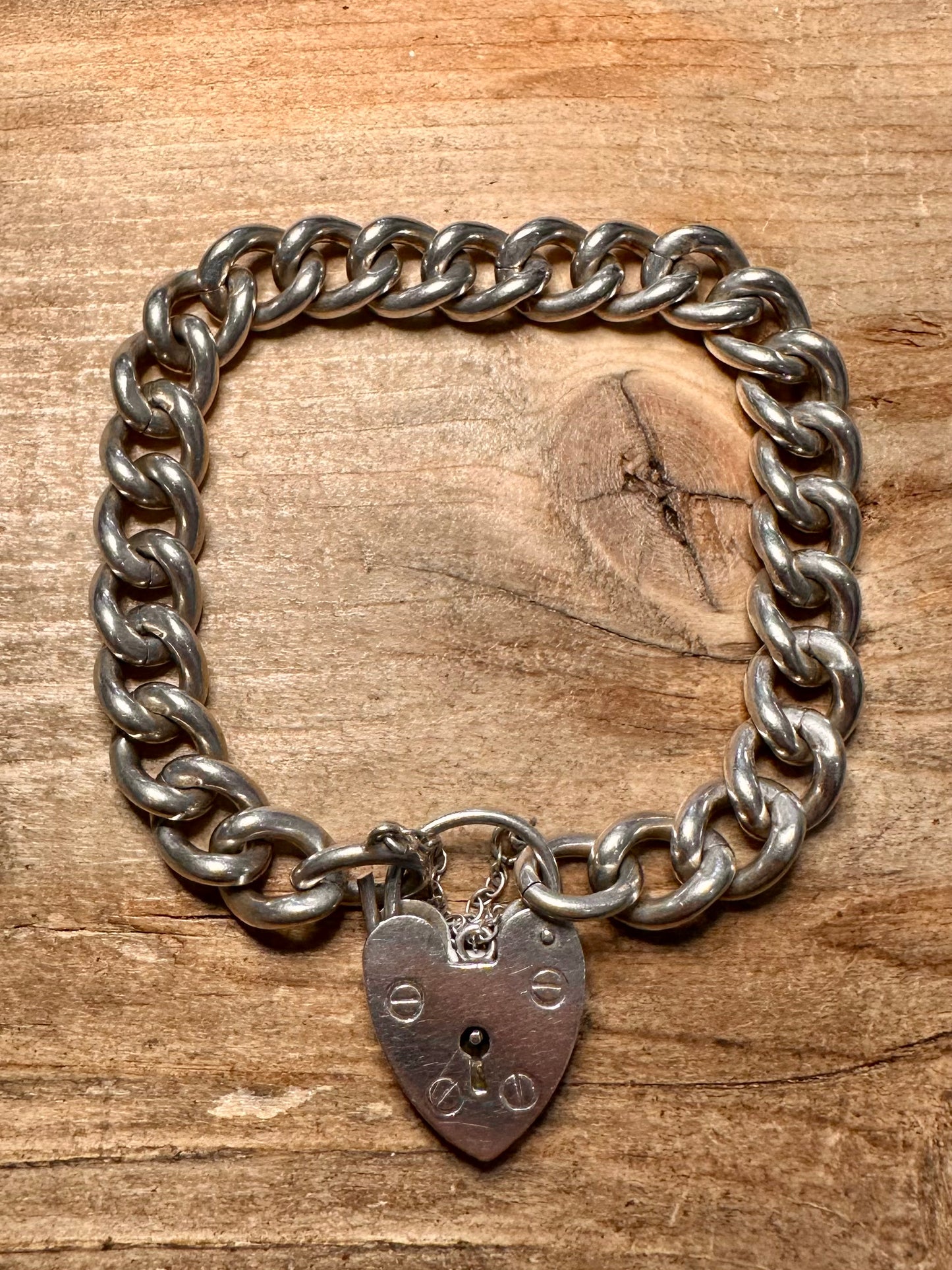 Vintage 1977 Chunky Curb Heart Padlock with Safety 925 Silver Bracelet