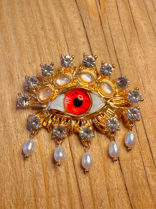 Vintage Rhinestone Eye and Pearl Gold Tone Costume Brooch