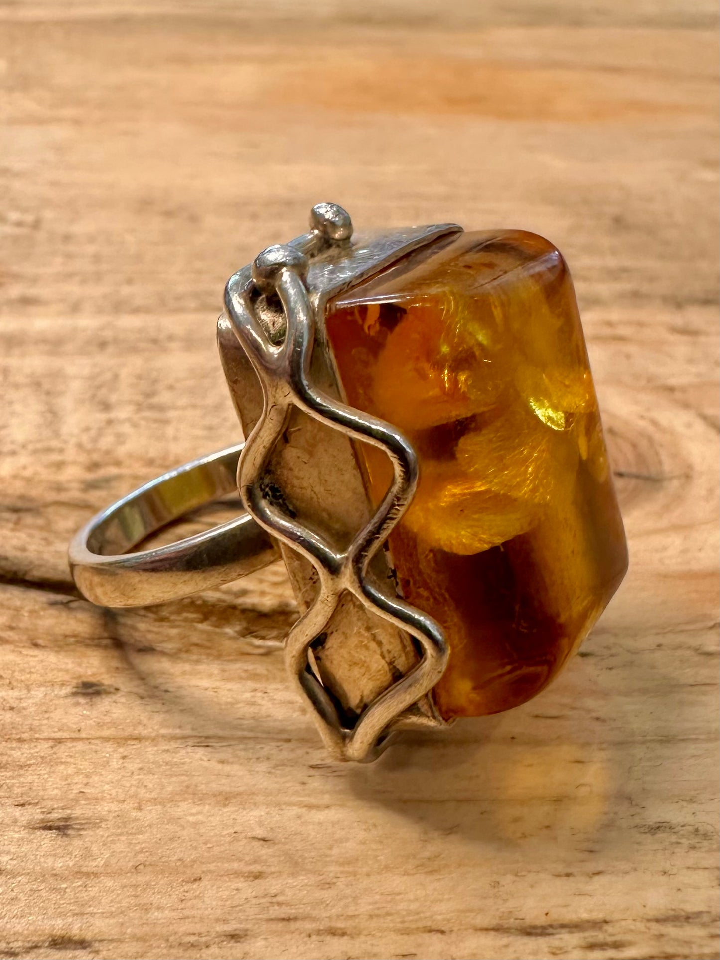Vintage Large Amber Rectangle 925 Silver Size Q Ring