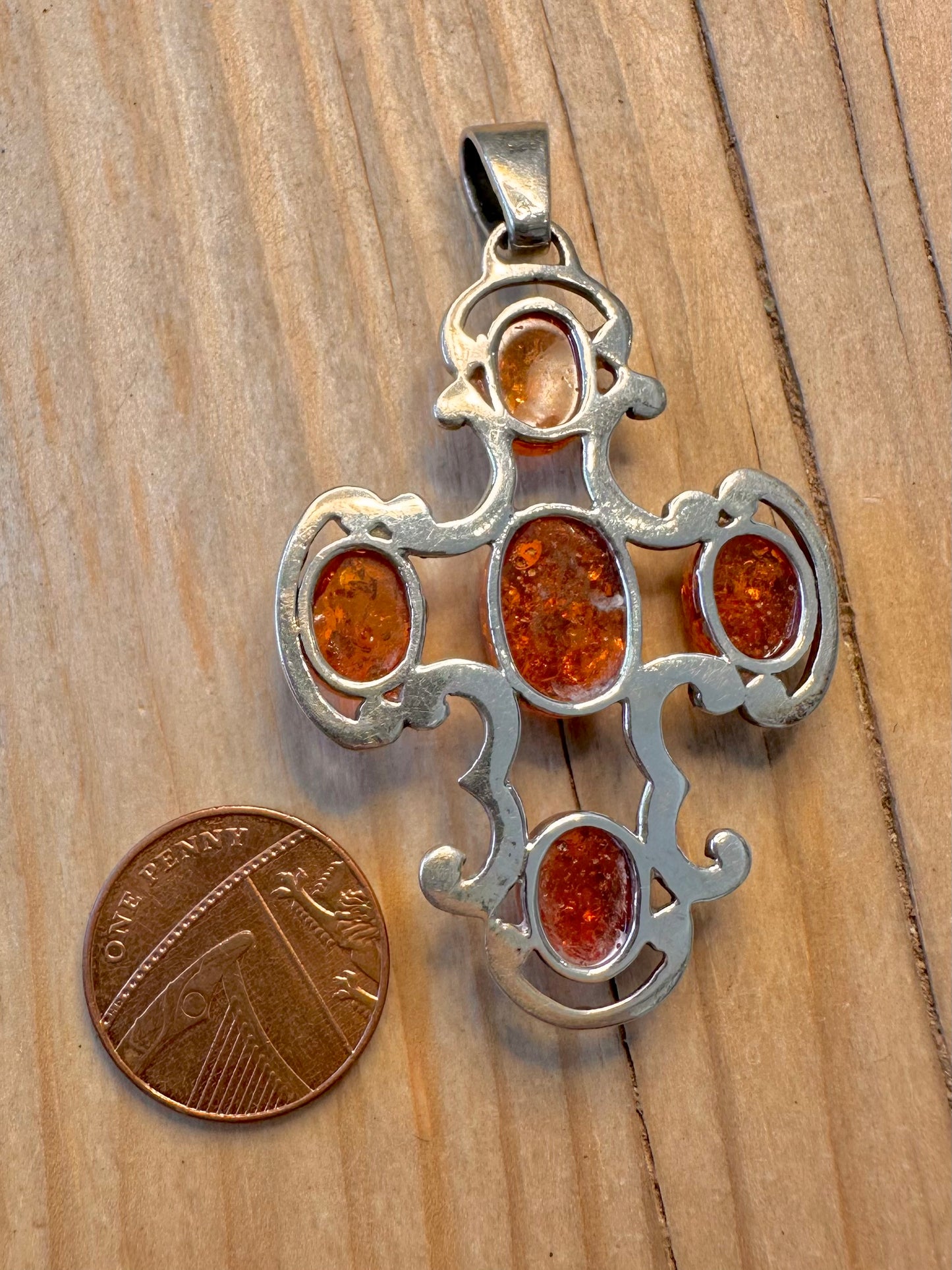 Vintage Amber Cross 925 Silver Pendant