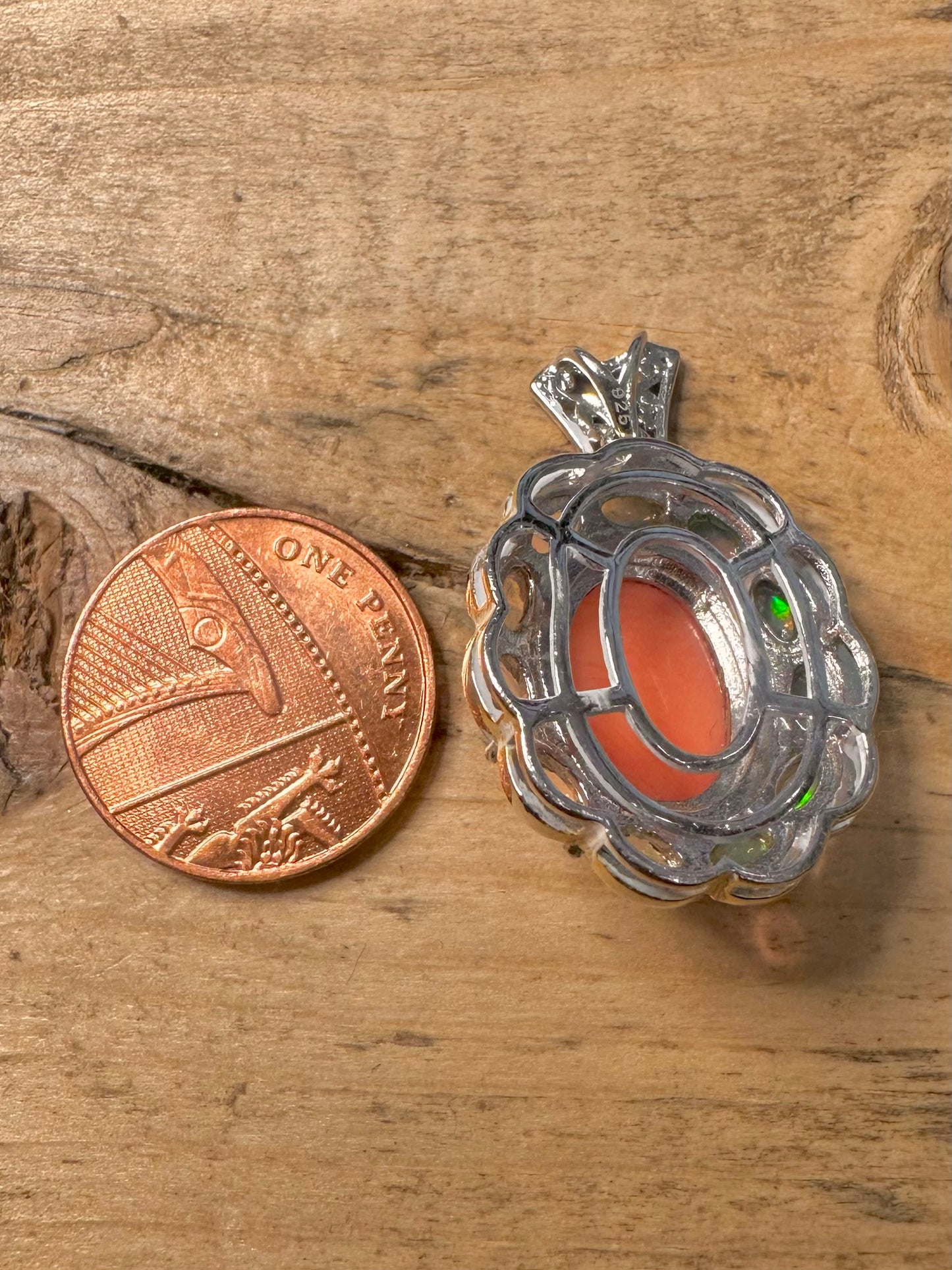 Orange Coral and Opal Gold on 925 Silver Pendant
