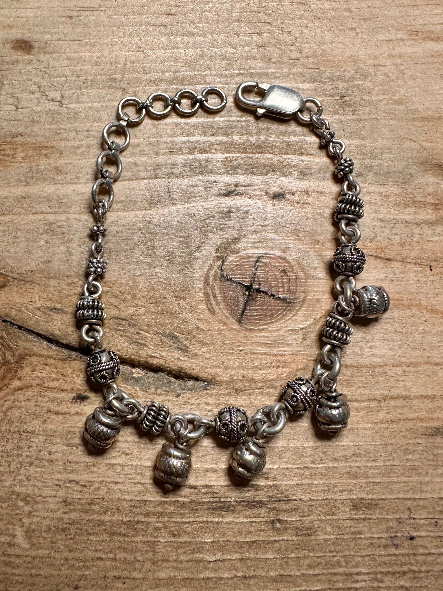 Vintage Tribal Dangle Ball Textured 925 Bracelet