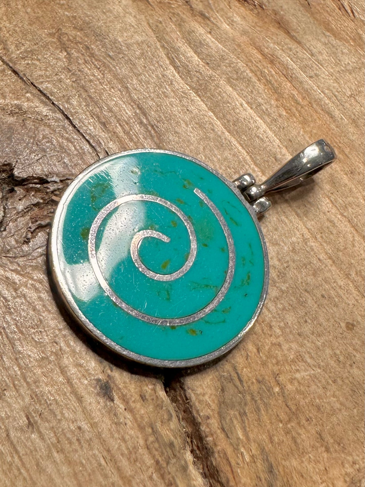Abstract Polished Turquoise Inlay 925 Silver Pendant