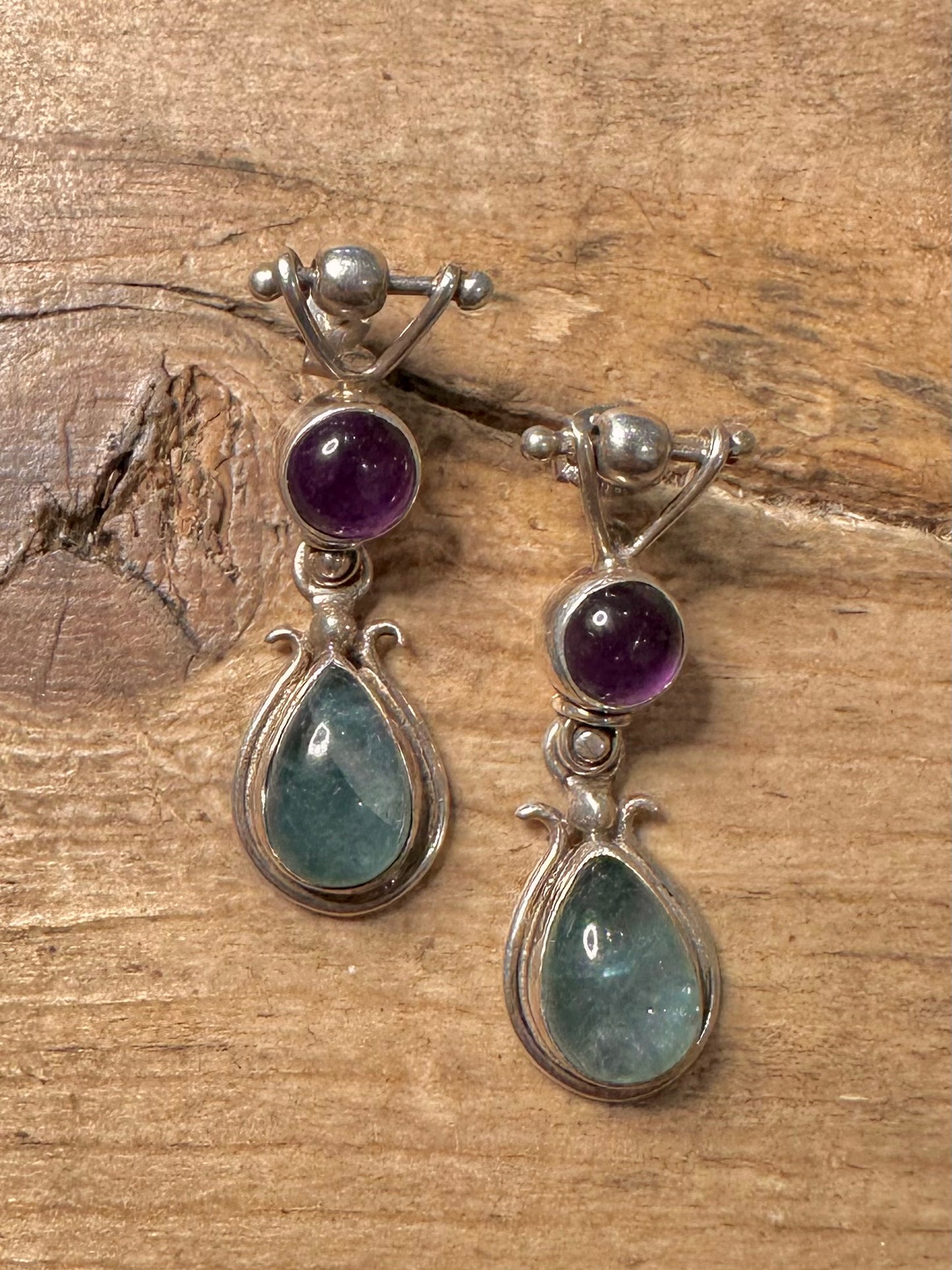 Abstract Amethyst and Blue Stone 925 Silver Earrings