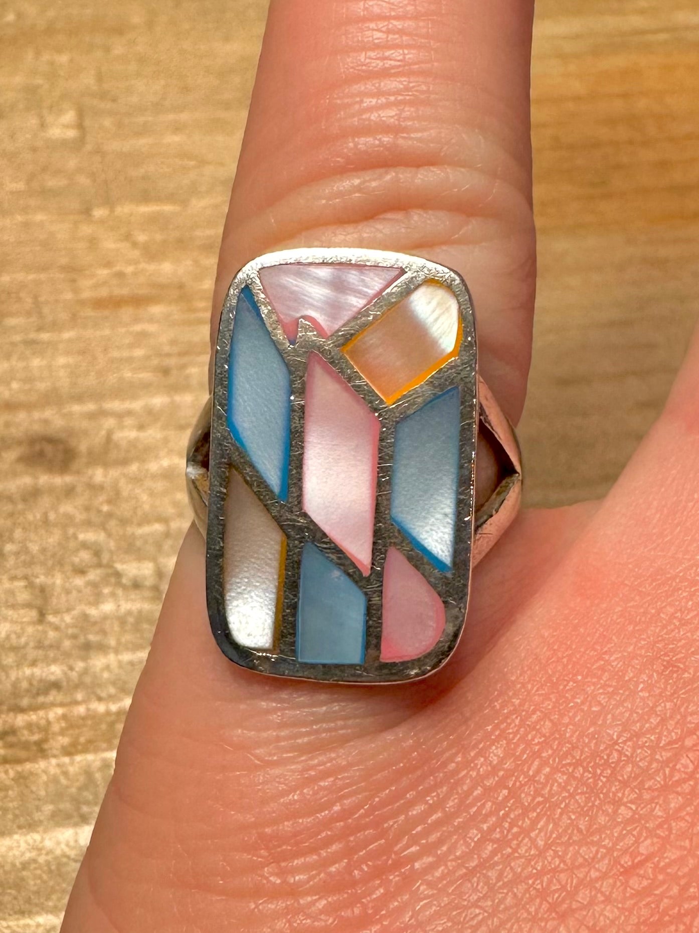 Abstract Coloured Mother of Pearl Rectangle 925 Silver Size K1/2 Ring
