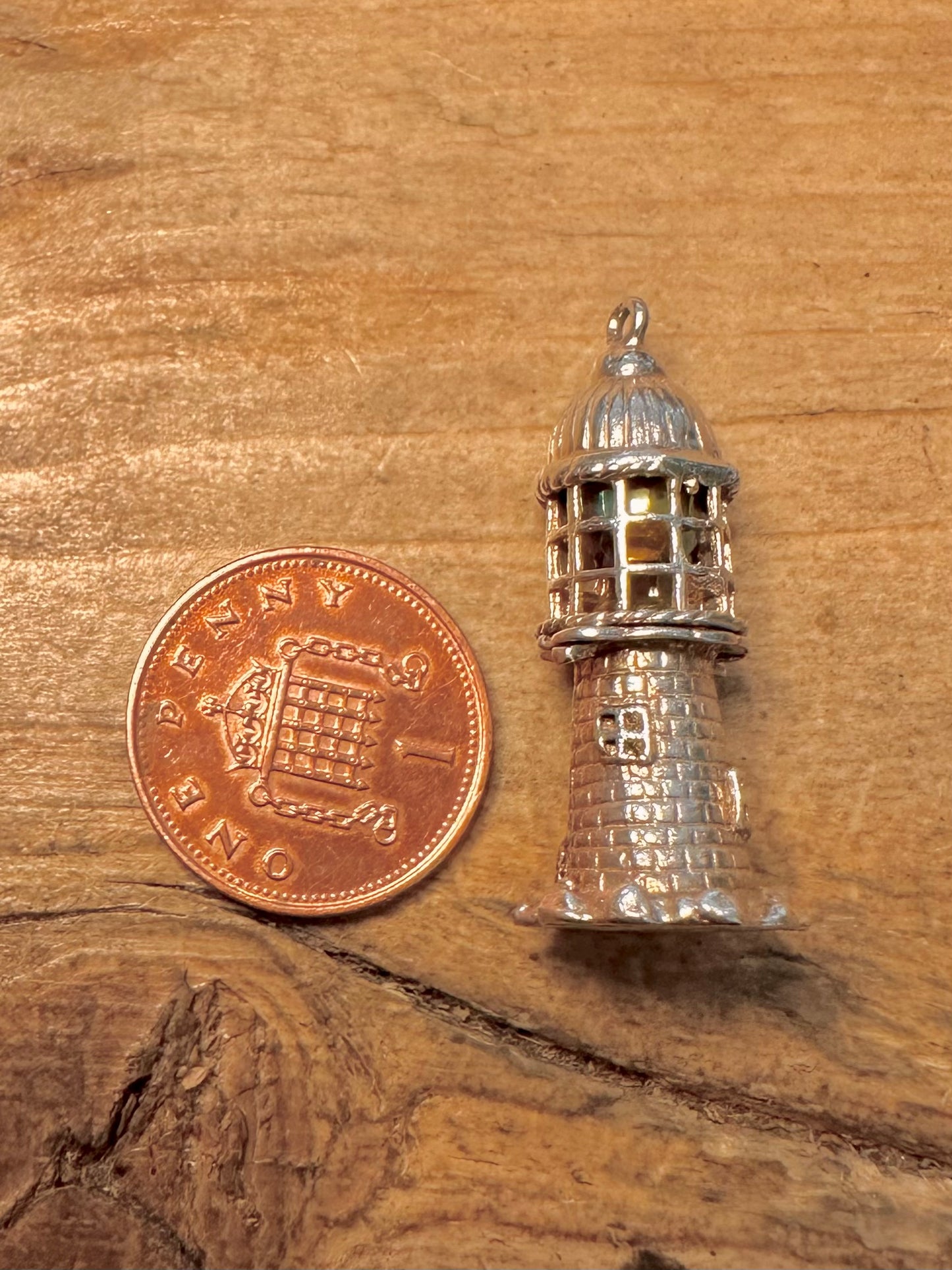 Vintage Lighthouse with Crystal inside 925 Silver Charm Pendant