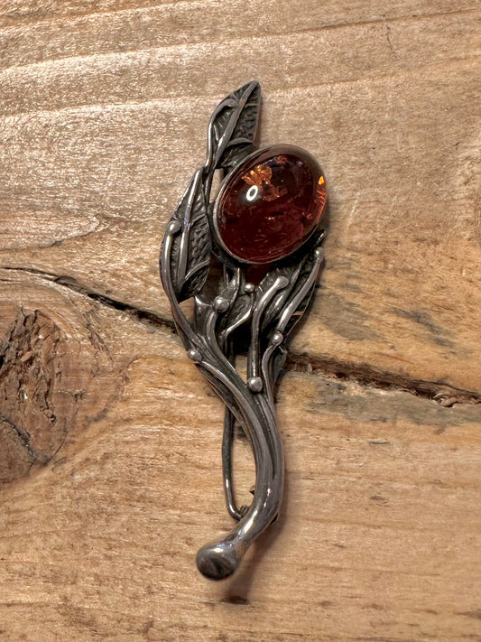Vintage Amber Flower 925 Silver Brooch