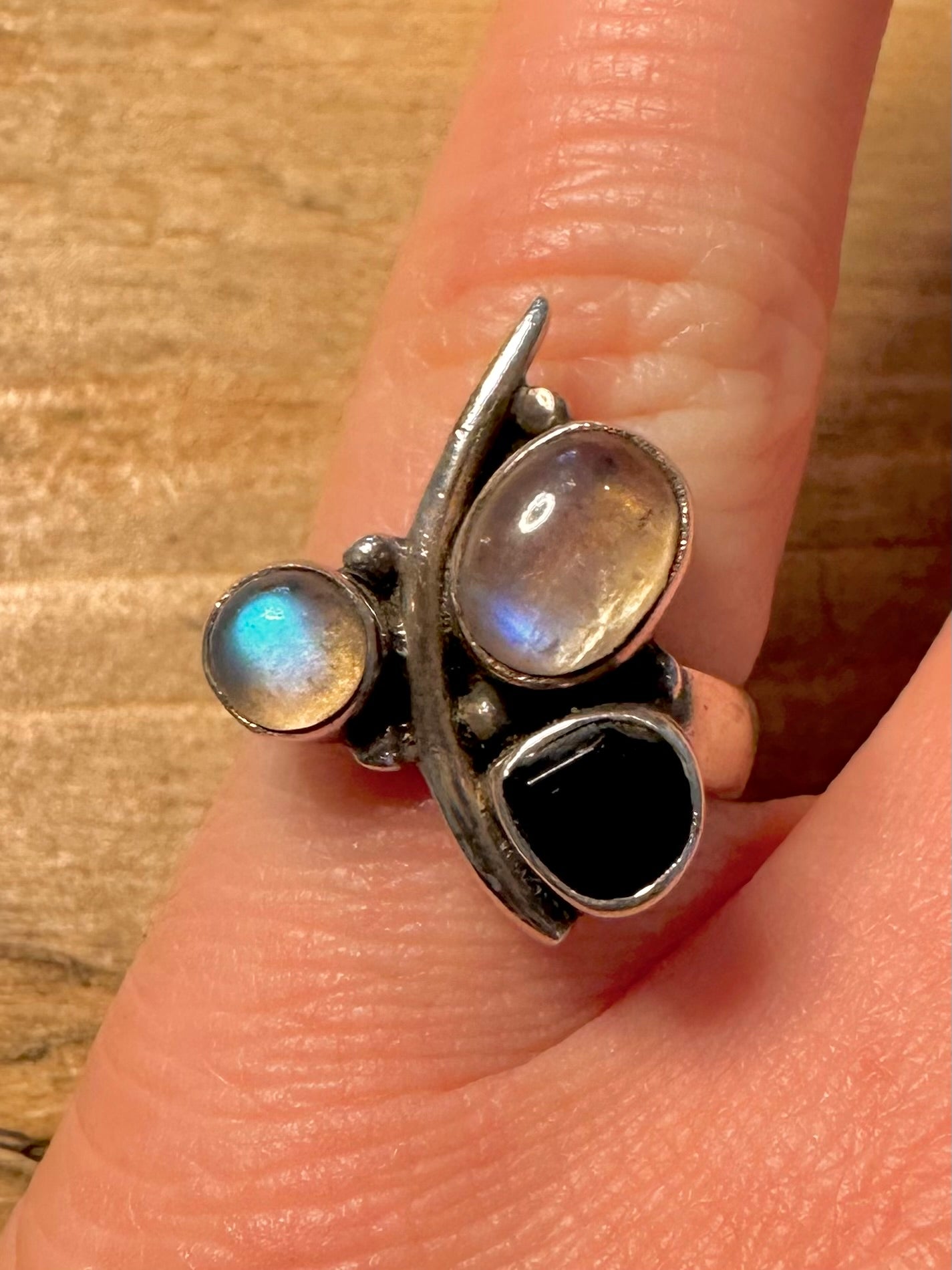 Abstract Moonstone and Black Stone 925 Silver Size M Ring