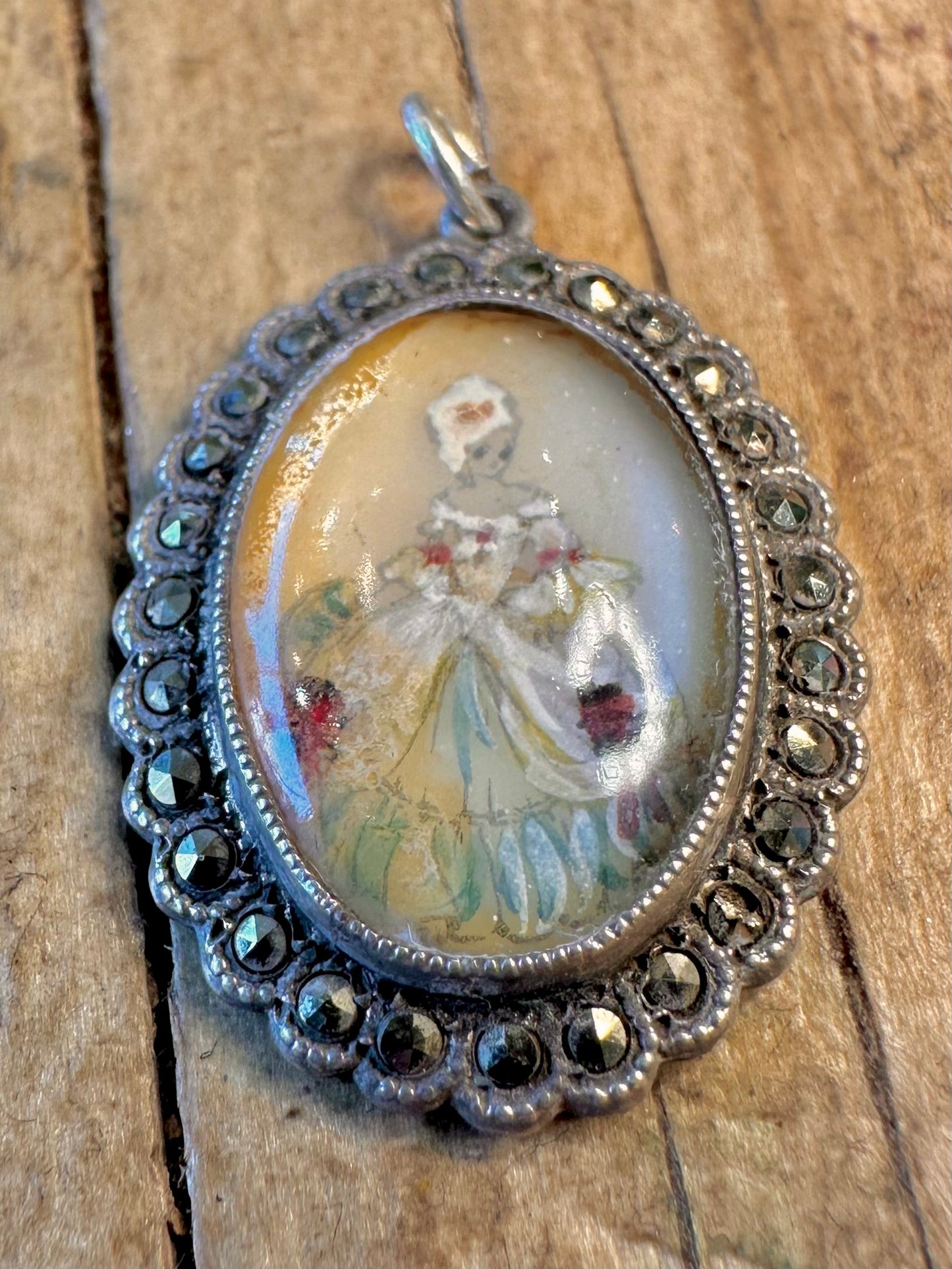 Art Deco Thomas Mott Hand Painted Regency Lady with Marcasite Made in England 925 Sterling Silver Pendant