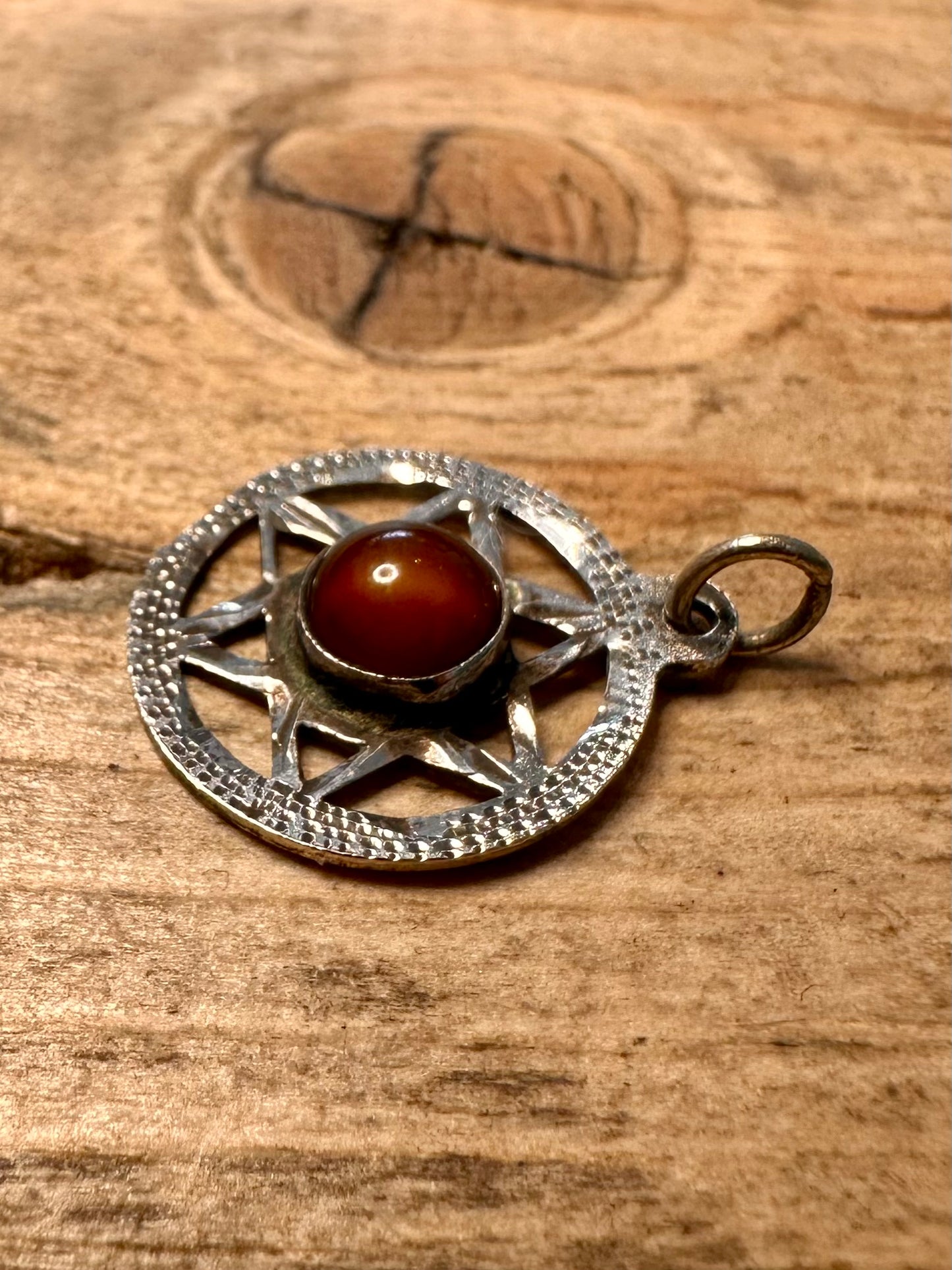 Vintage Pentacle Dark Red Stone 925 Silver Pendant